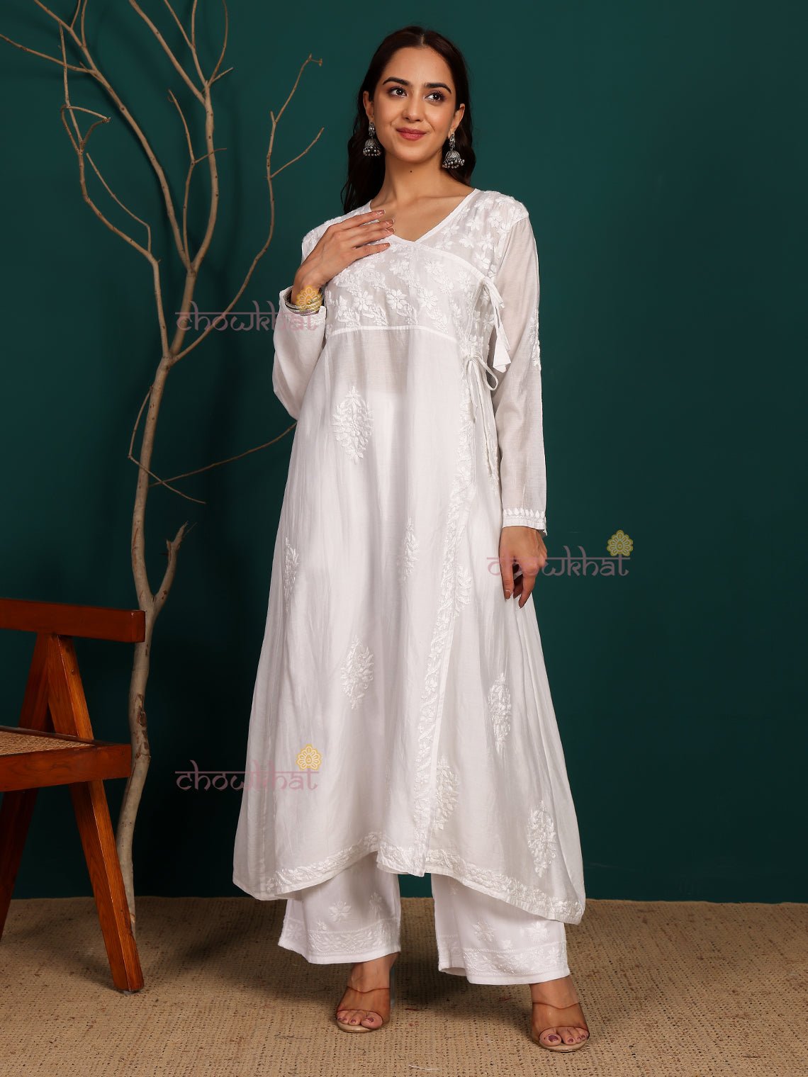 Roohi Angrakha Chanderi Hand Embroidered Chikankari Kurti - Chowkhat Lifestyle