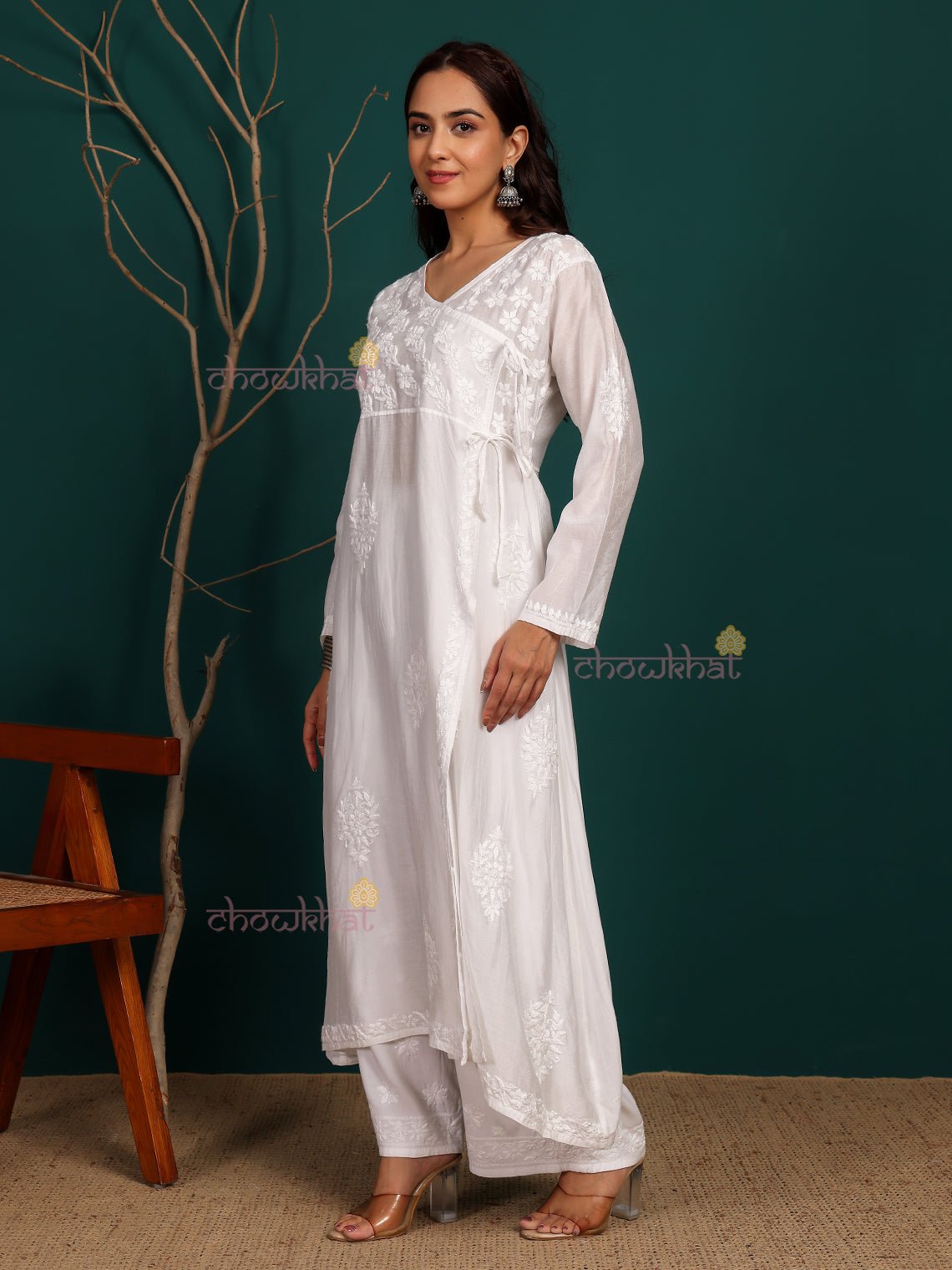 Roohi Angrakha Chanderi Hand Embroidered Chikankari Kurti - Chowkhat Lifestyle