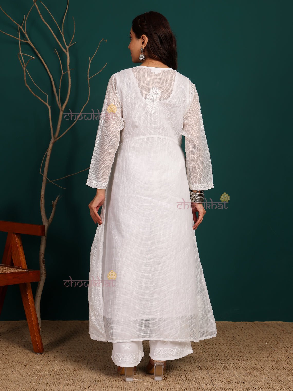 Ziva Angrakha Kota Doria Hand Embroidered Chikankari Kurti with Matching Inner - Chowkhat Lifestyle