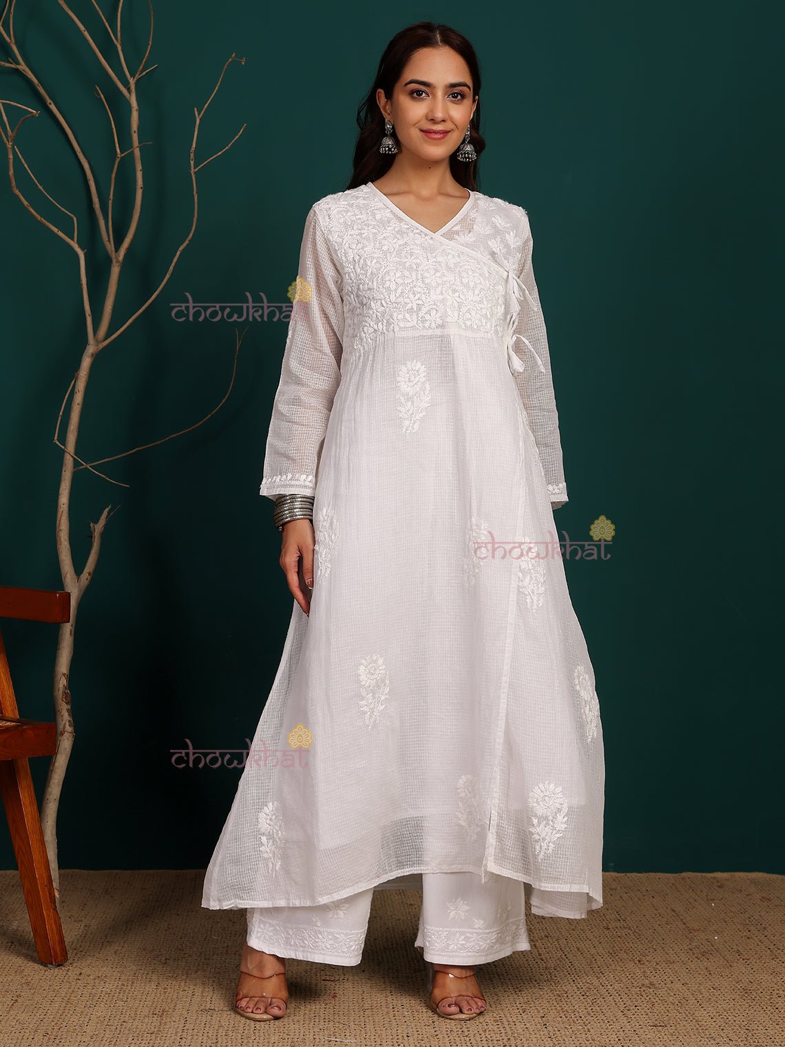 Ziva Angrakha Kota Doria Hand Embroidered Chikankari Kurti with Matching Inner - Chowkhat Lifestyle