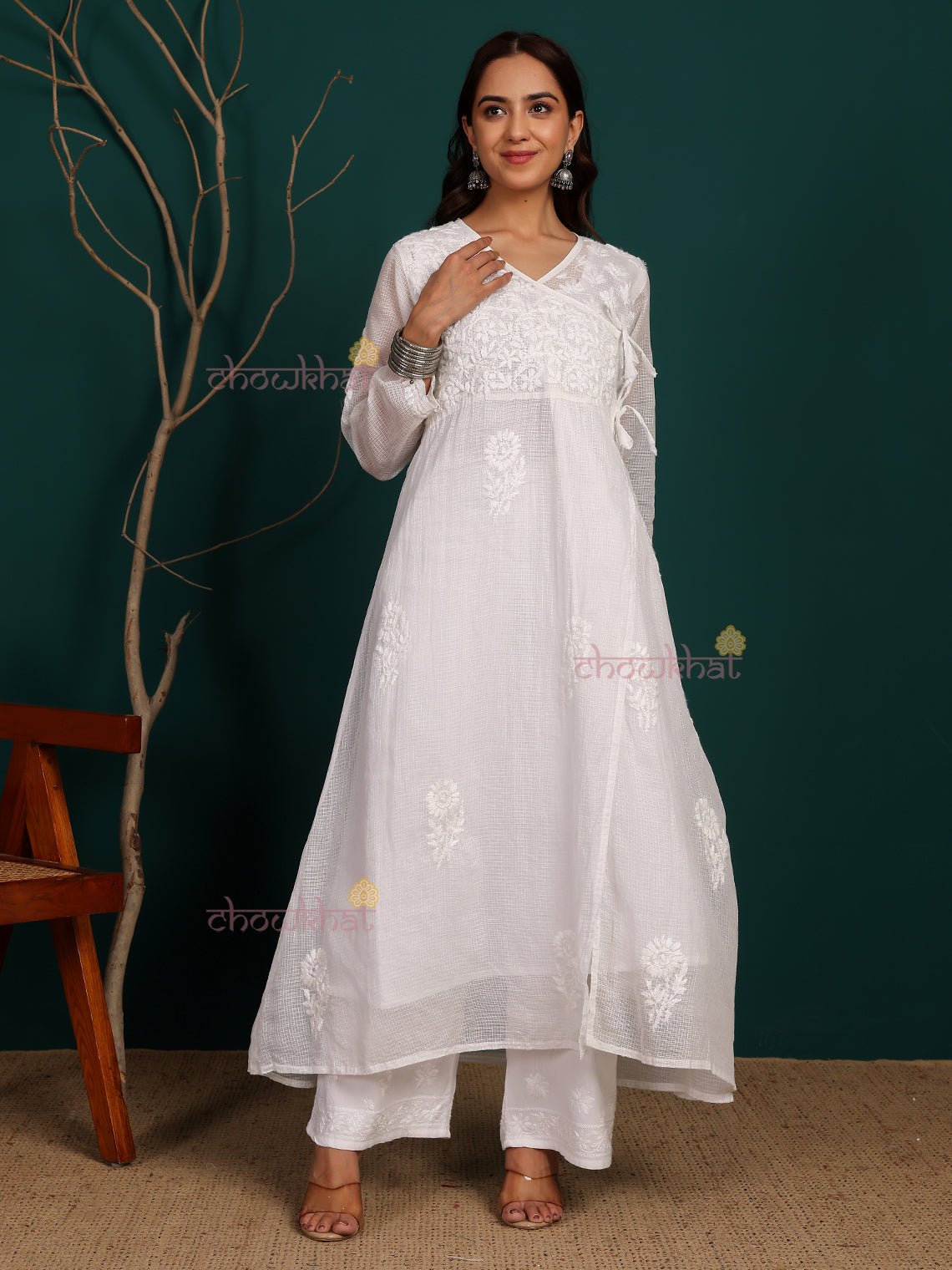 Ziva Angrakha Kota Doria Hand Embroidered Chikankari Kurti with Matching Inner - Chowkhat Lifestyle