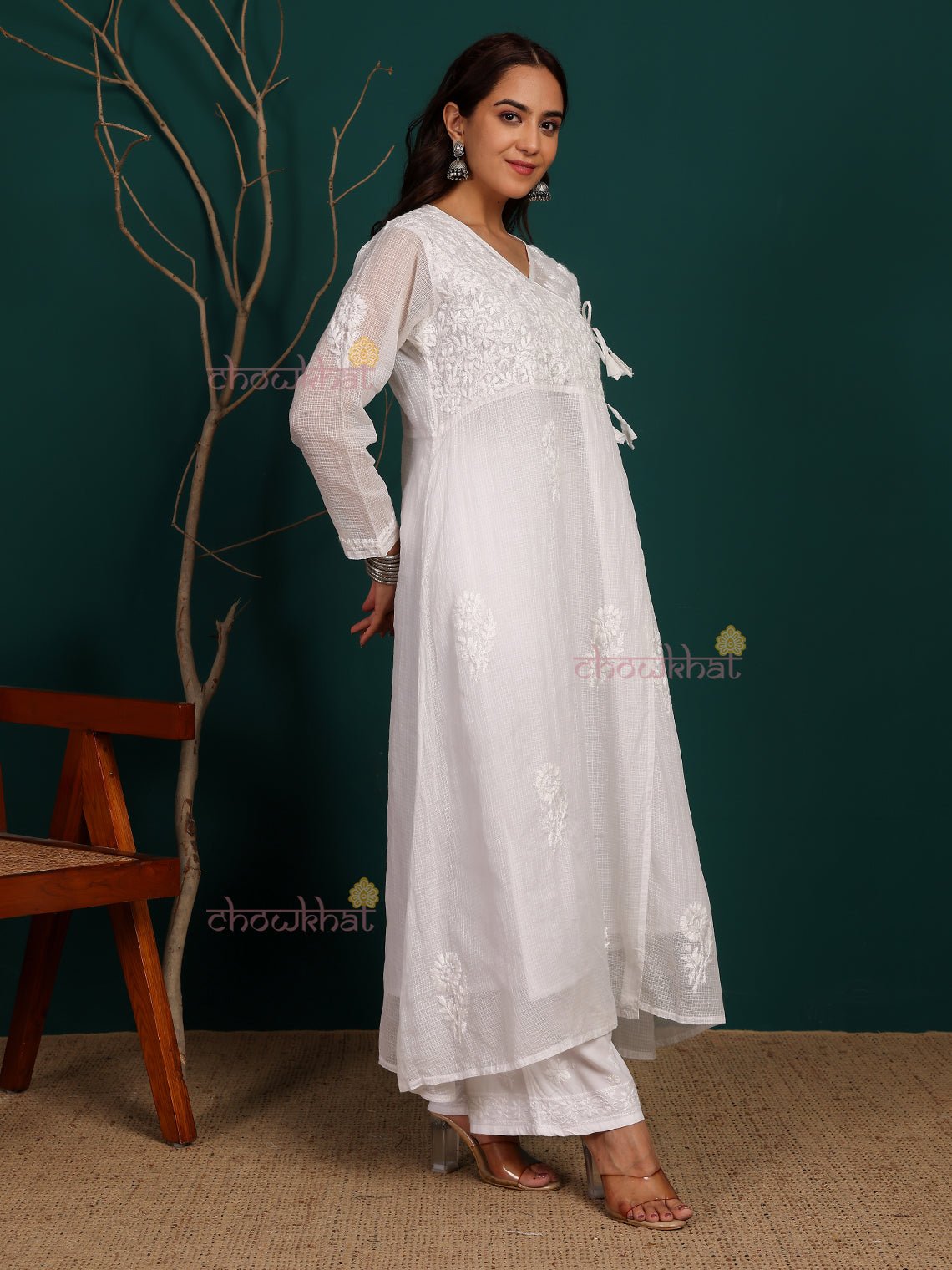 Ziva Angrakha Kota Doria Hand Embroidered Chikankari Kurti with Matching Inner - Chowkhat Lifestyle