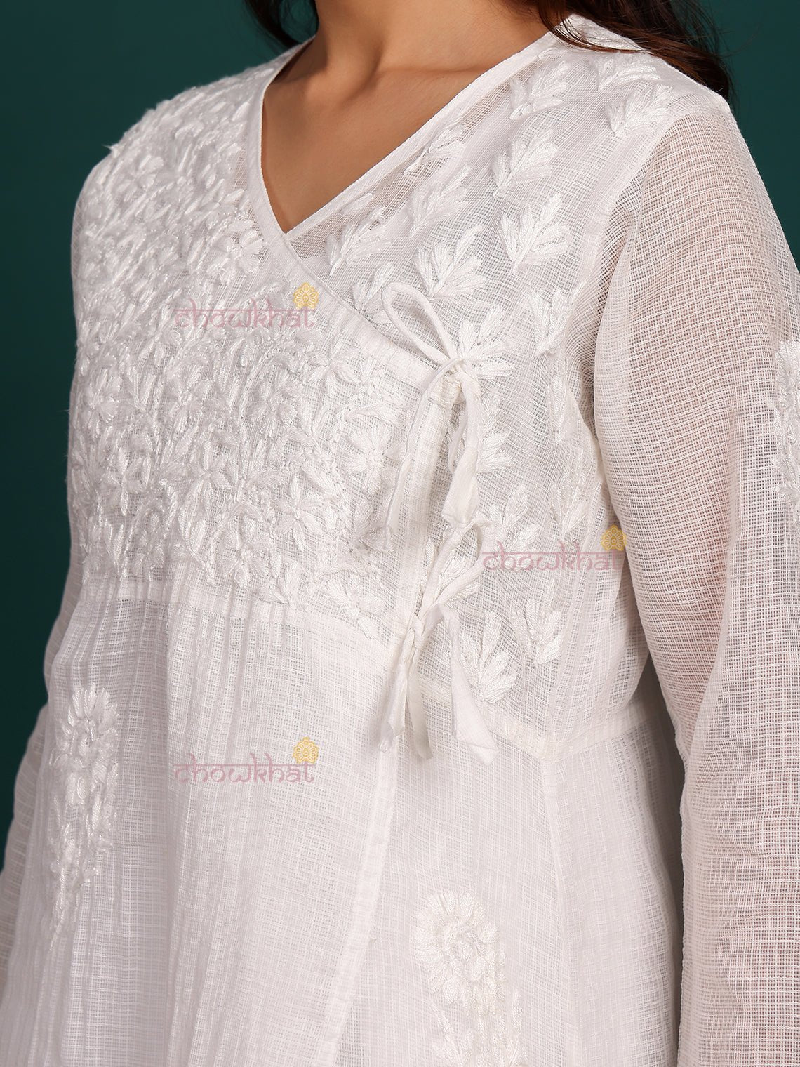 Ziva Angrakha Kota Doria Hand Embroidered Chikankari Kurti with Matching Inner - Chowkhat Lifestyle