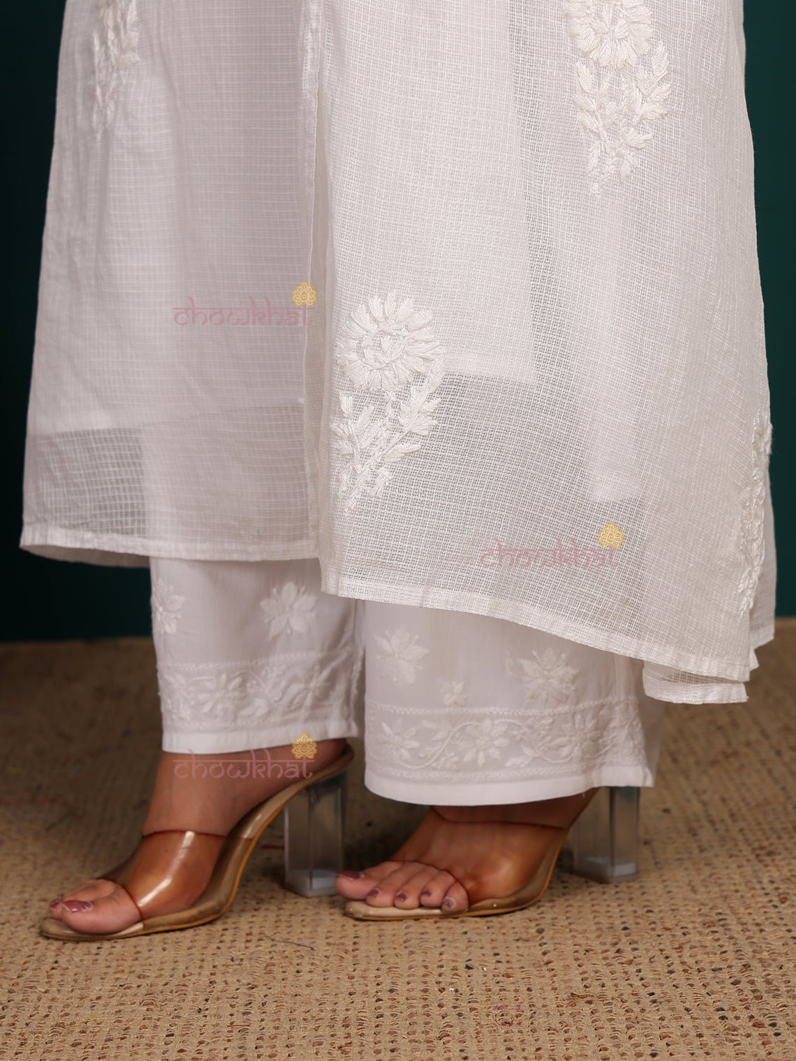 Ziva Angrakha Kota Doria Hand Embroidered Chikankari Kurti with Matching Inner - Chowkhat Lifestyle