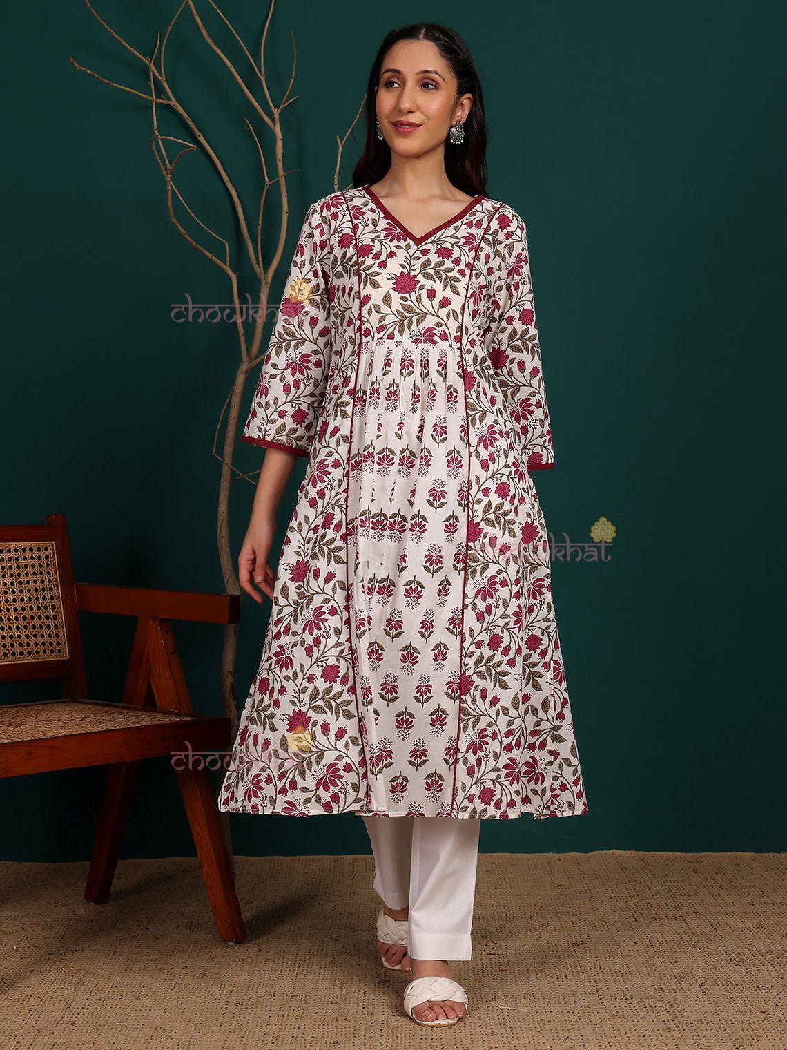Deeva Hand Printed Nyra Style Cotton Long Kurti with Pocket - Chowkhat Lifestyle