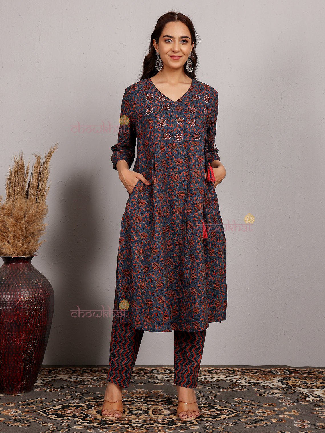 Akshara Angrakha Printed Cotton Kurti & Pants set With Handwork - Chowkhat Lifestyle