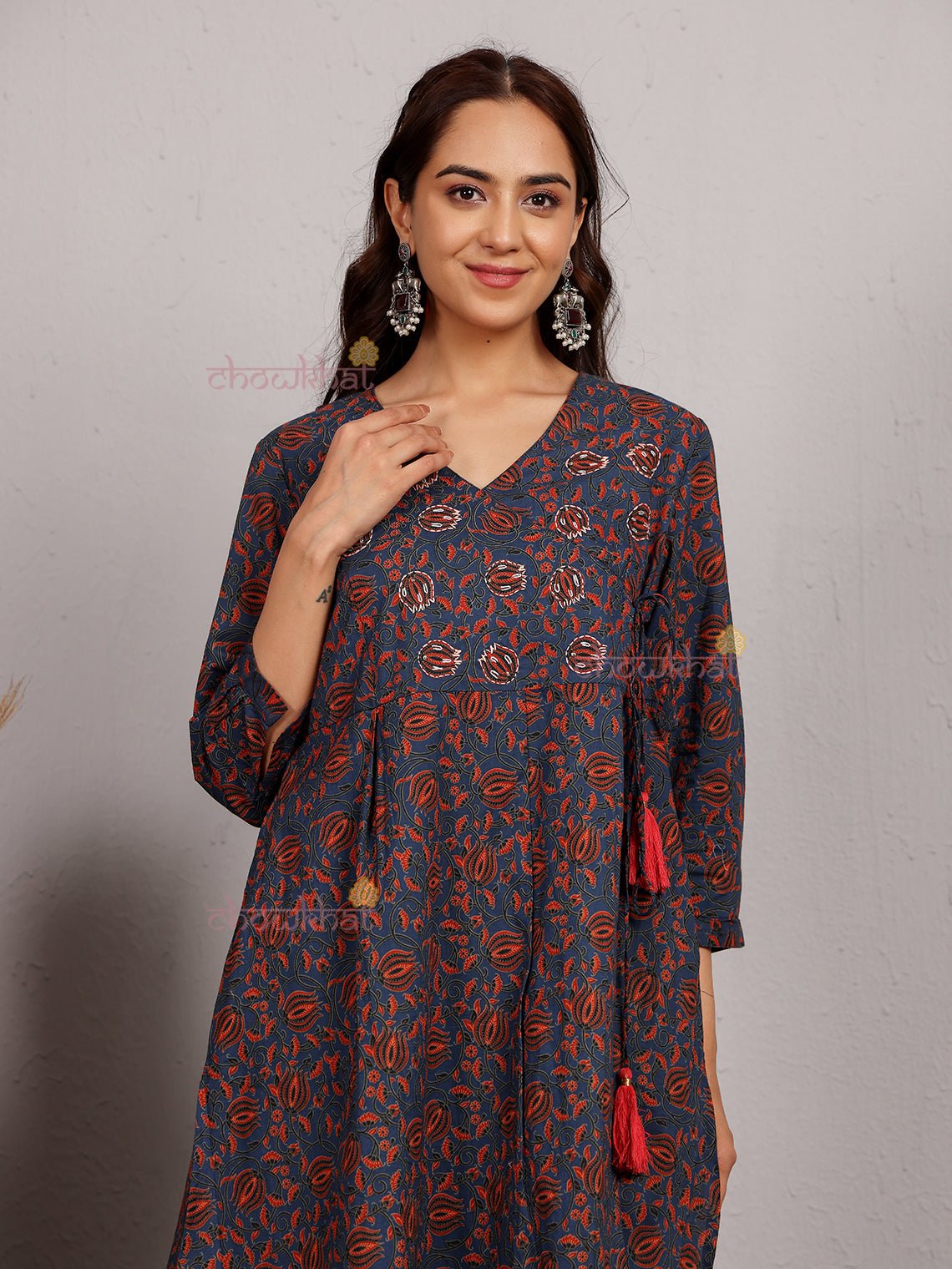 Akshara Angrakha Printed Cotton Kurti & Pants set With Handwork - Chowkhat Lifestyle