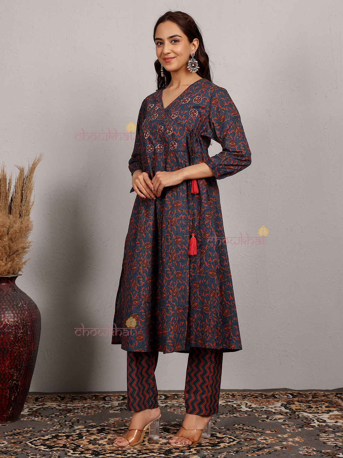 Akshara Angrakha Printed Cotton Kurti & Pants set With Handwork - Chowkhat Lifestyle