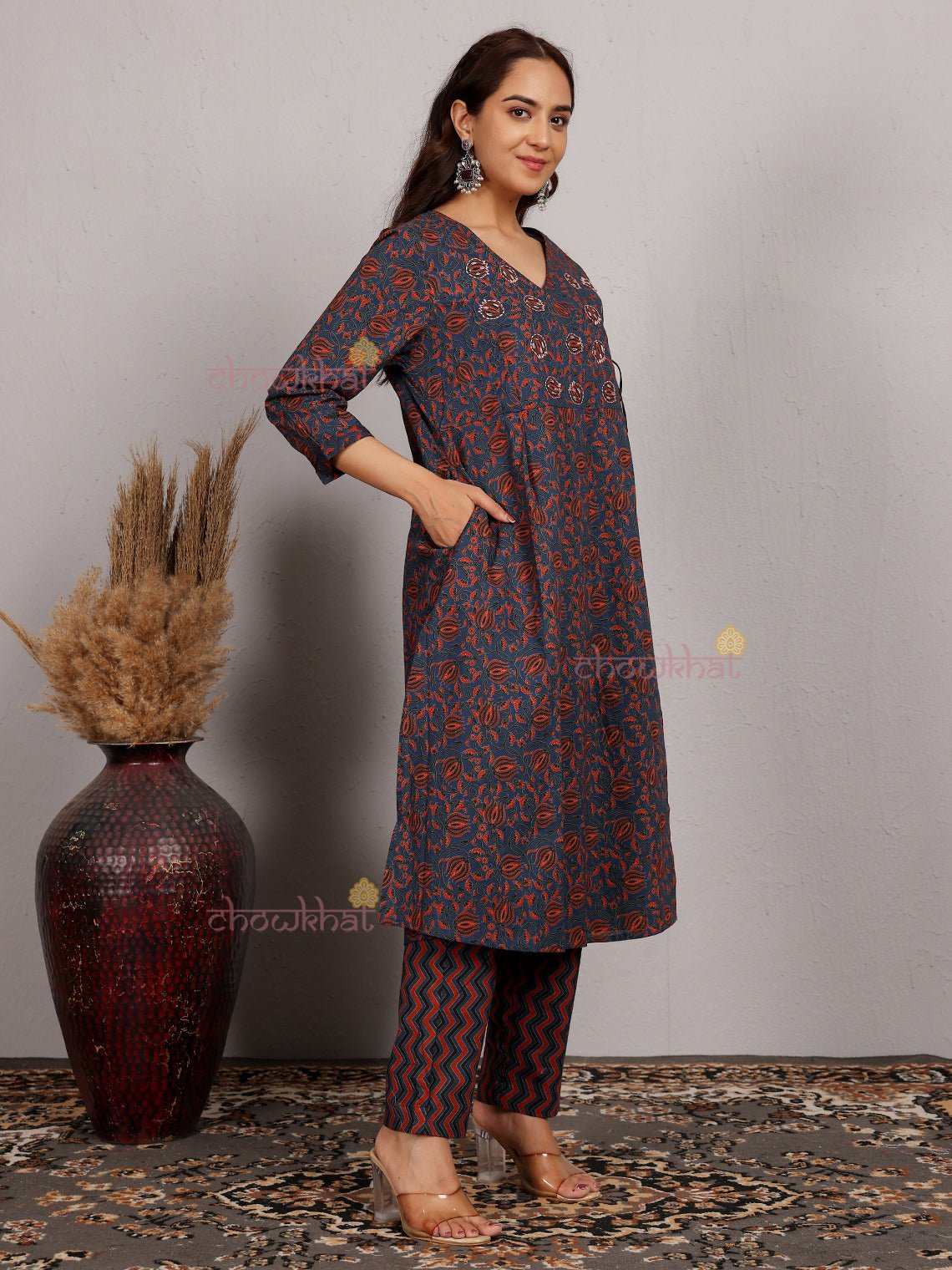 Akshara Angrakha Printed Cotton Kurti & Pants set With Handwork - Chowkhat Lifestyle