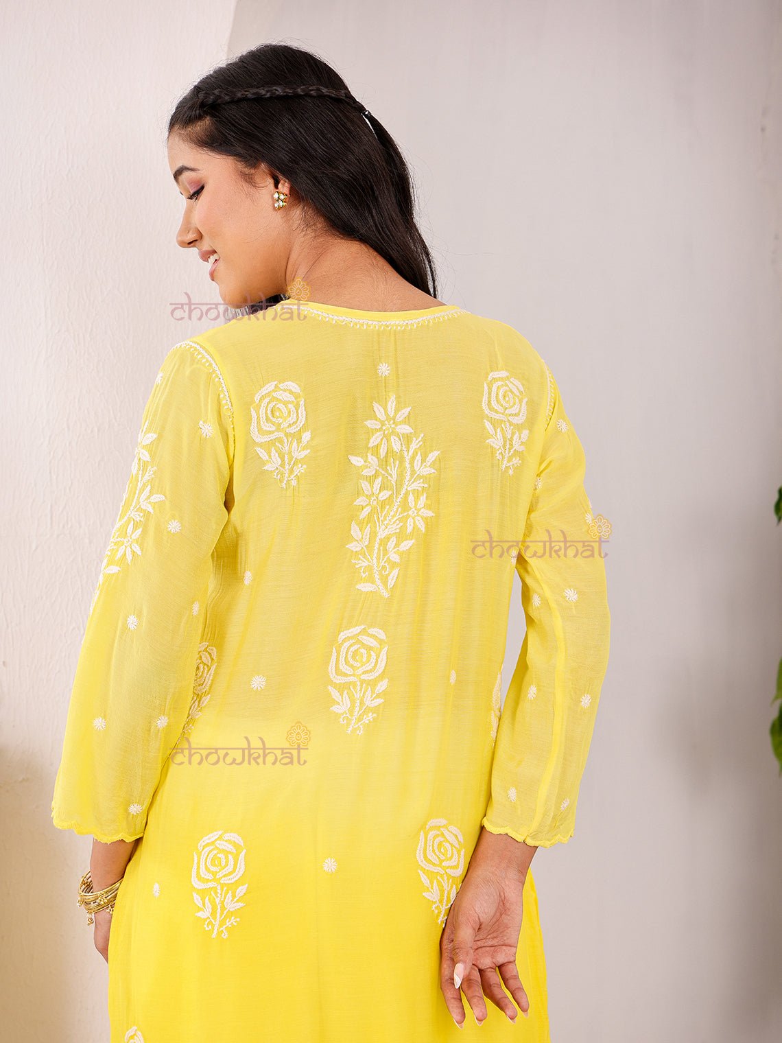 Rooh Premium Muslin Long Chikankati Scalloped Kurti - Chowkhat Lifestyle