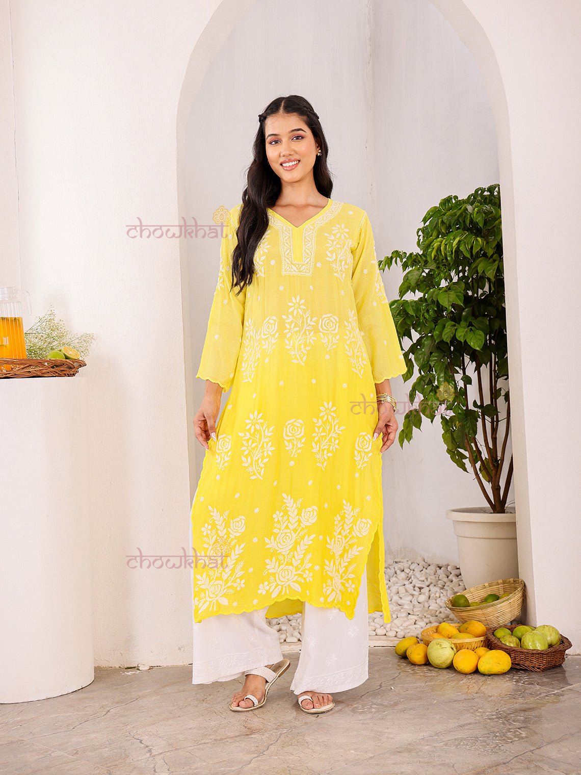 Rooh Premium Muslin Long Chikankati Scalloped Kurti - Chowkhat Lifestyle