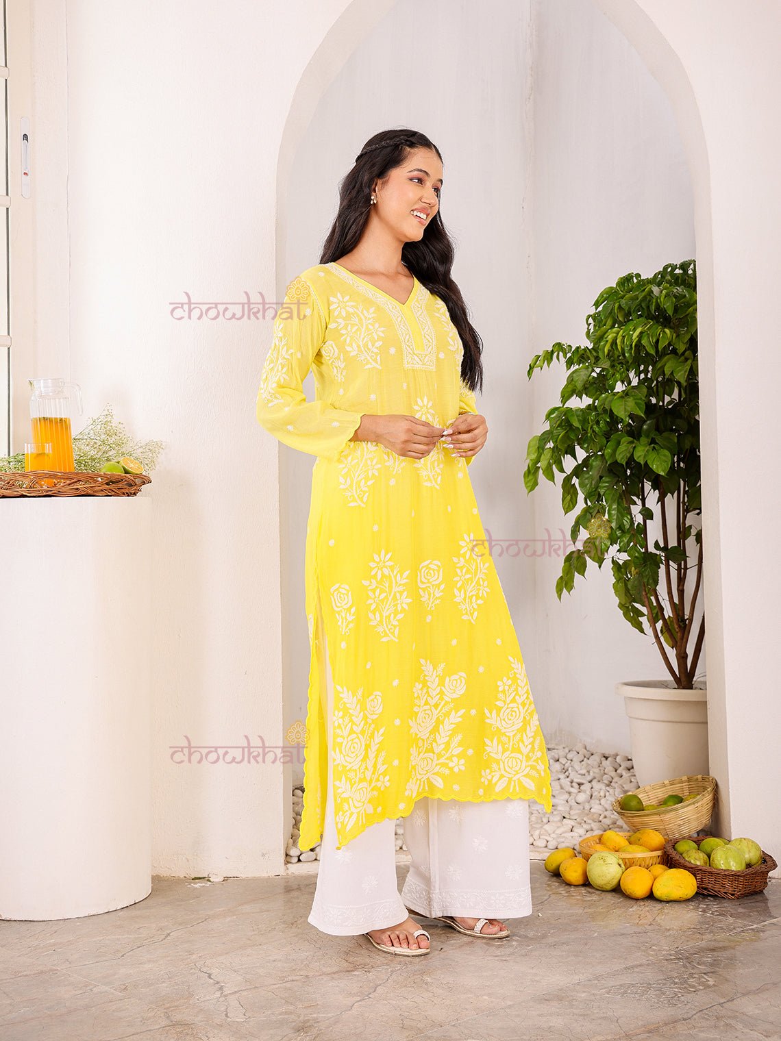 Rooh Premium Muslin Long Chikankati Scalloped Kurti - Chowkhat Lifestyle