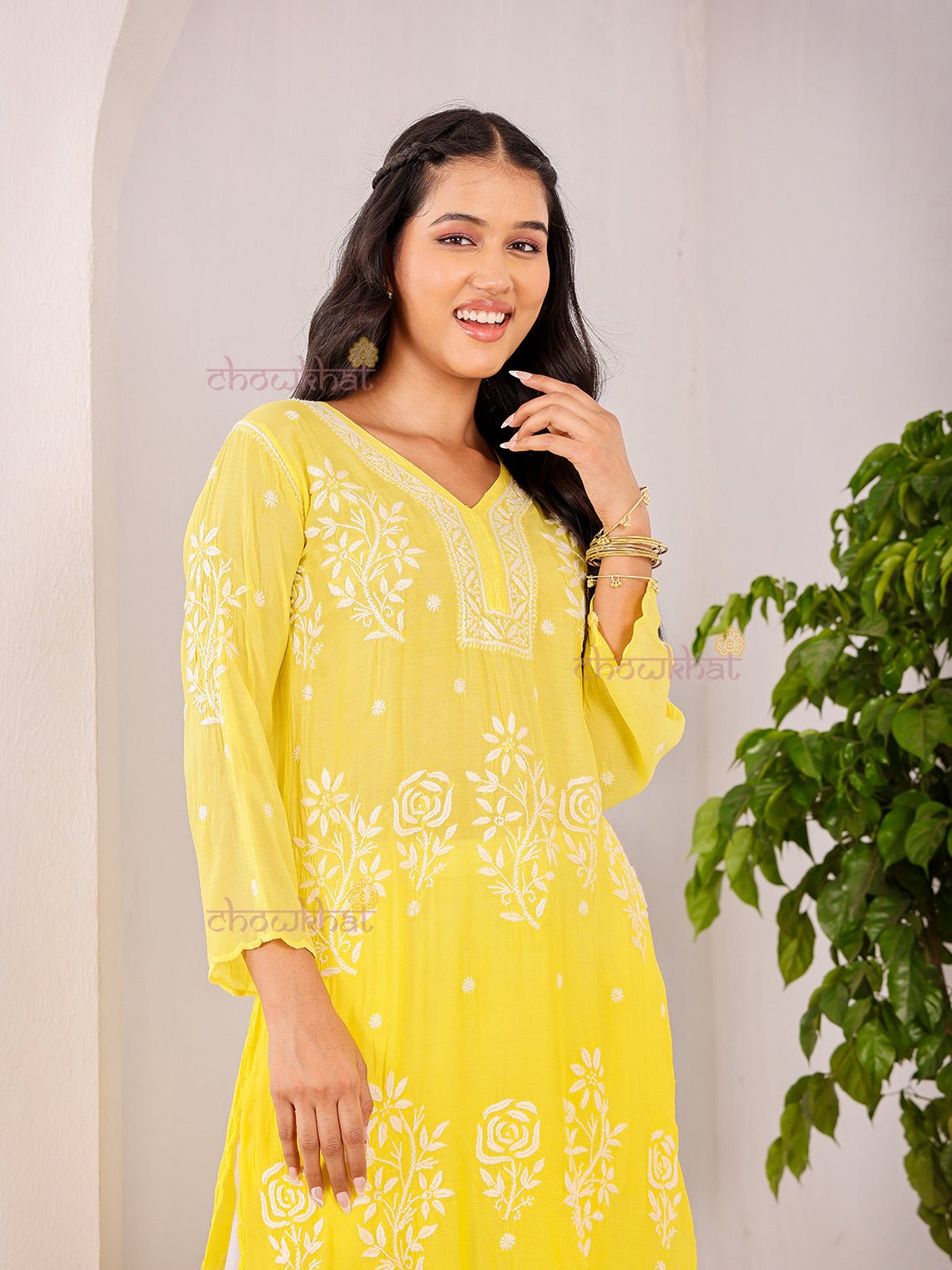Rooh Premium Muslin Long Chikankati Scalloped Kurti - Chowkhat Lifestyle