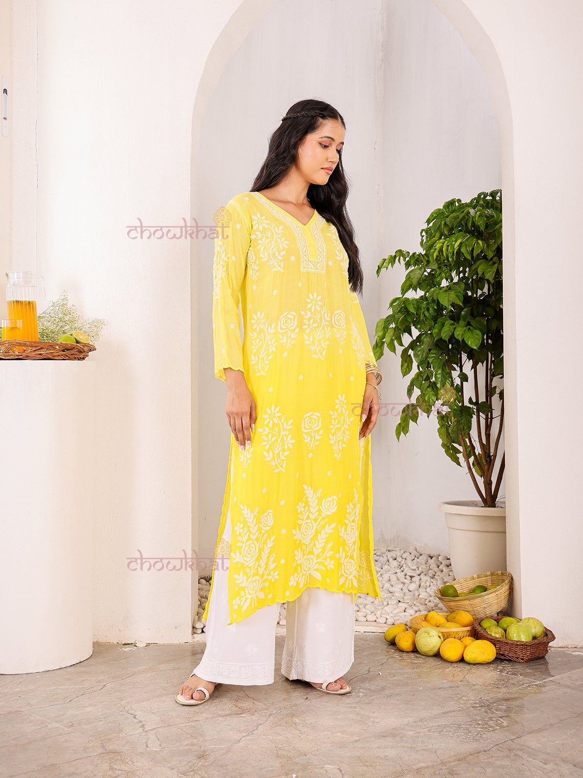 Rooh Premium Muslin Long Chikankati Scalloped Kurti - Chowkhat Lifestyle