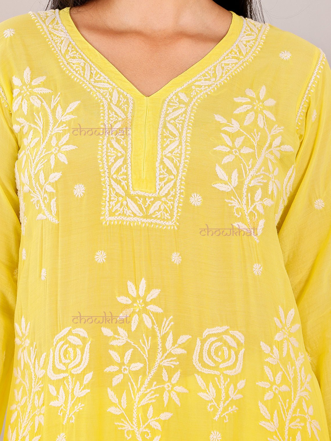Rooh Premium Muslin Long Chikankati Scalloped Kurti - Chowkhat Lifestyle
