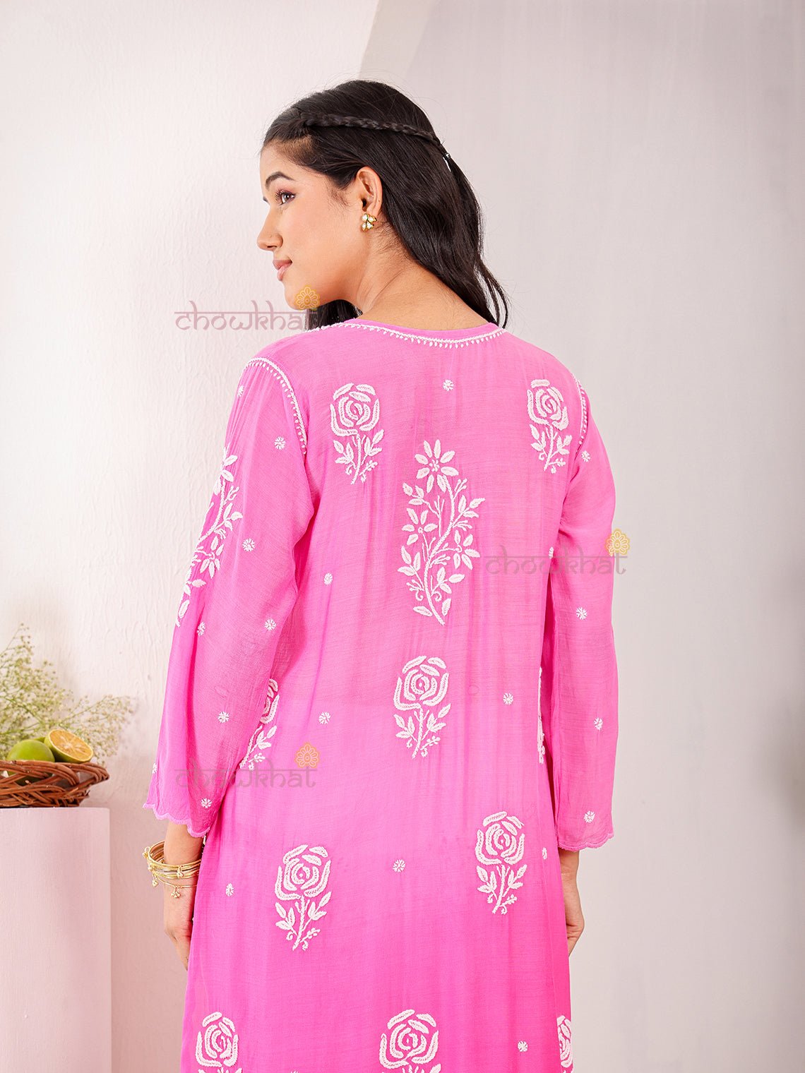 Rooh Premium Muslin Long Chikankati Scalloped Kurti - Chowkhat Lifestyle
