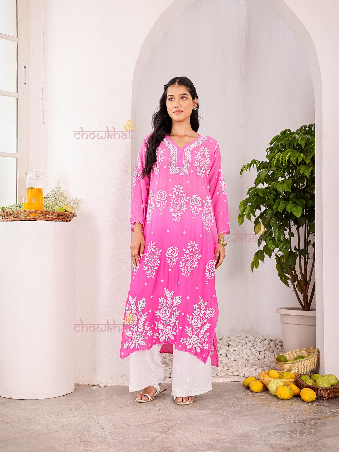 Rooh Premium Muslin Long Chikankati Scalloped Kurti - Chowkhat Lifestyle