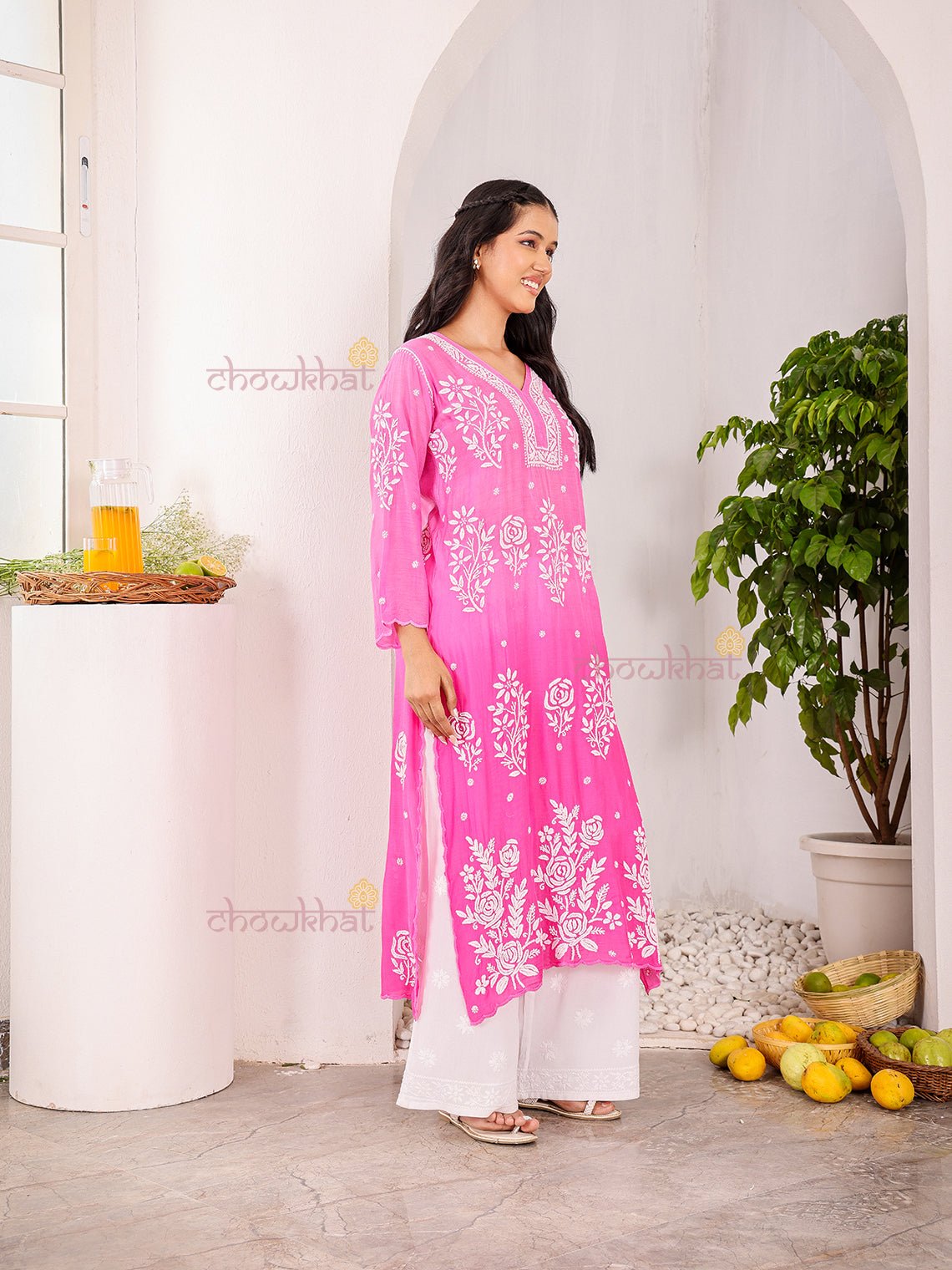 Rooh Premium Muslin Long Chikankati Scalloped Kurti - Chowkhat Lifestyle