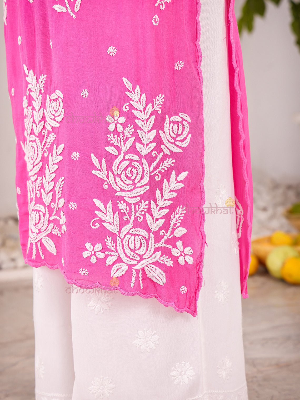 Rooh Premium Muslin Long Chikankati Scalloped Kurti - Chowkhat Lifestyle