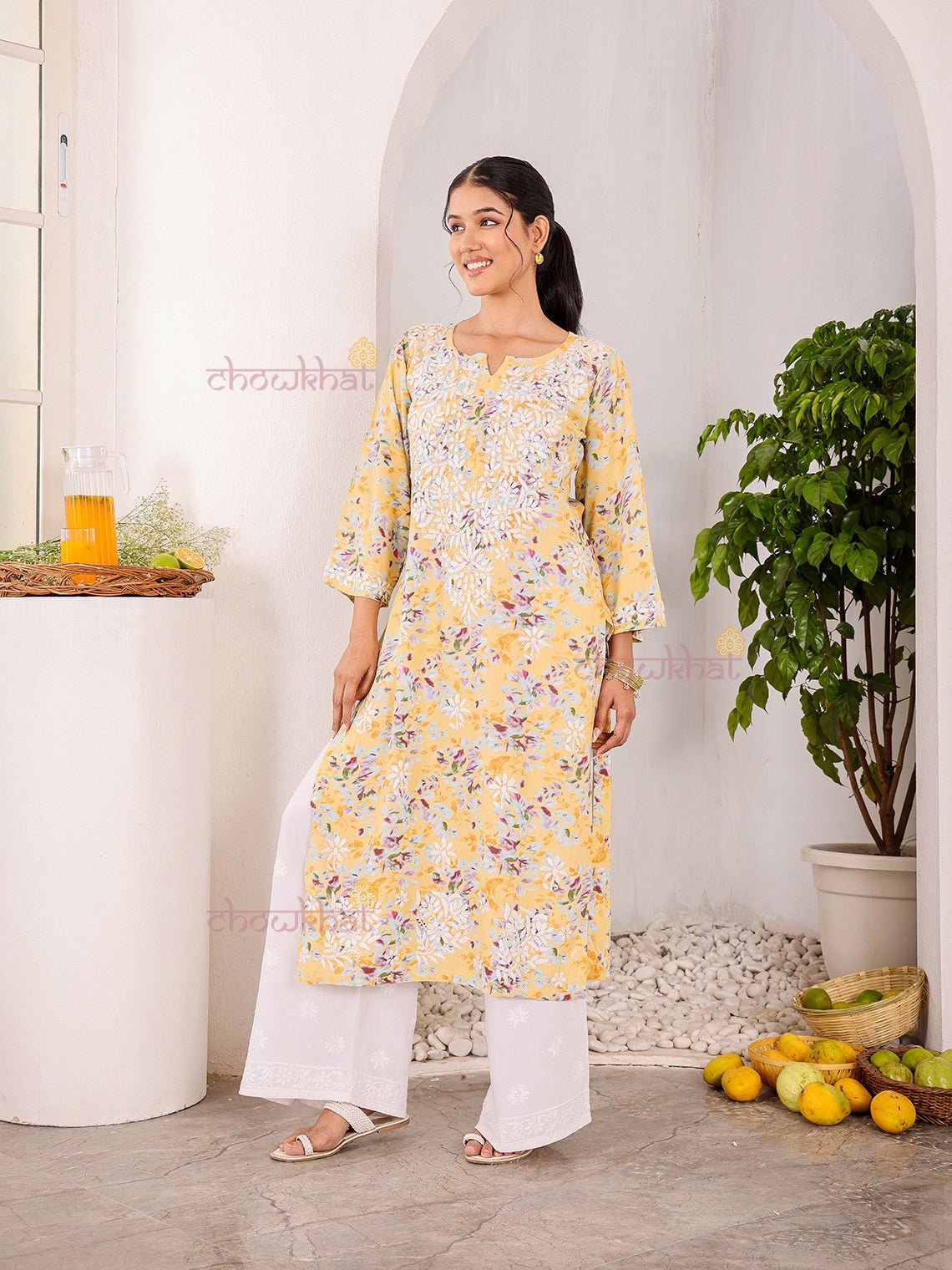 Ishani Rayon Printed Straight Chikankari Kurti - Chowkhat Lifestyle