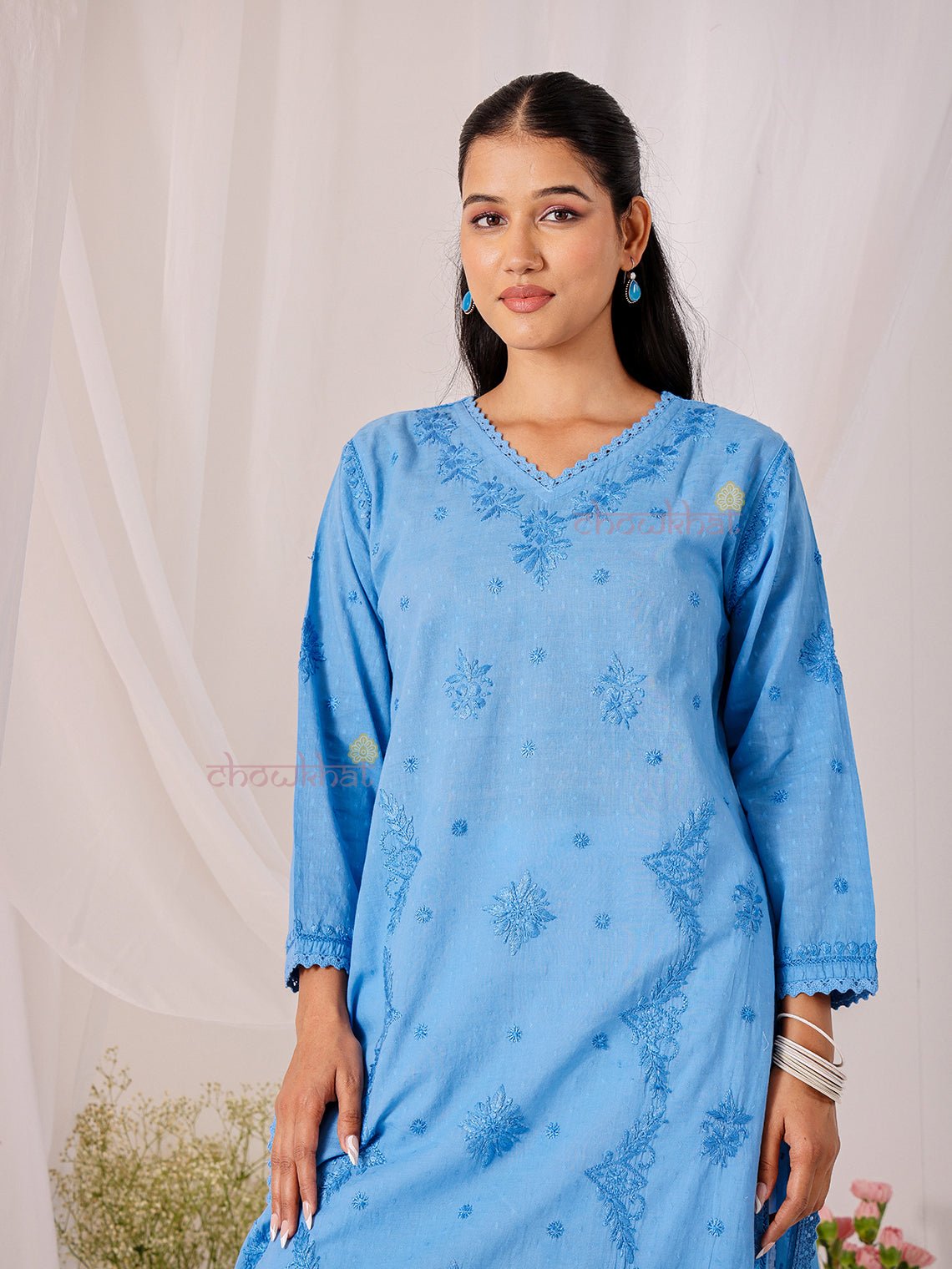 Tara Cotton Dobby Straight Long Chikankari Kurti with pocket - Chowkhat Lifestyle