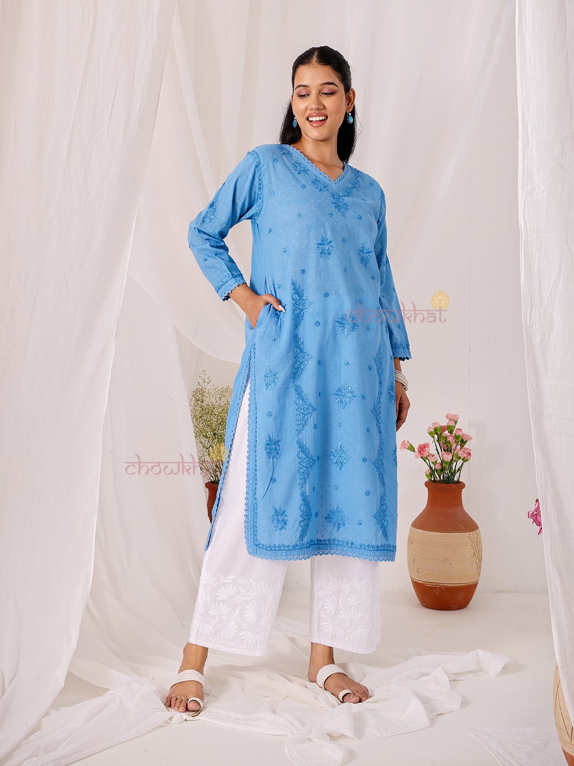 Tara Cotton Dobby Straight Long Chikankari Kurti with pocket - Chowkhat Lifestyle