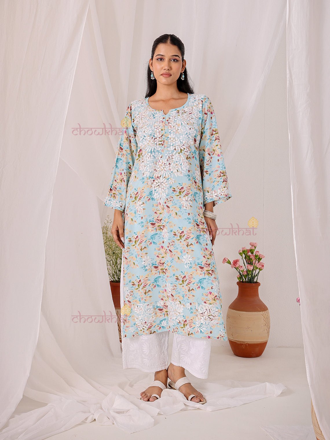 Ishani Rayon Printed Straight Chikankari Kurti - Chowkhat Lifestyle