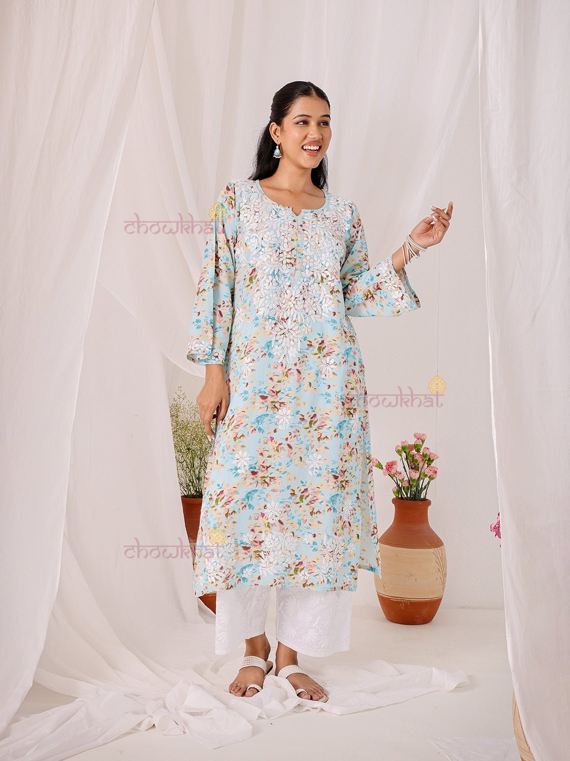 Ishani Rayon Printed Straight Chikankari Kurti - Chowkhat Lifestyle