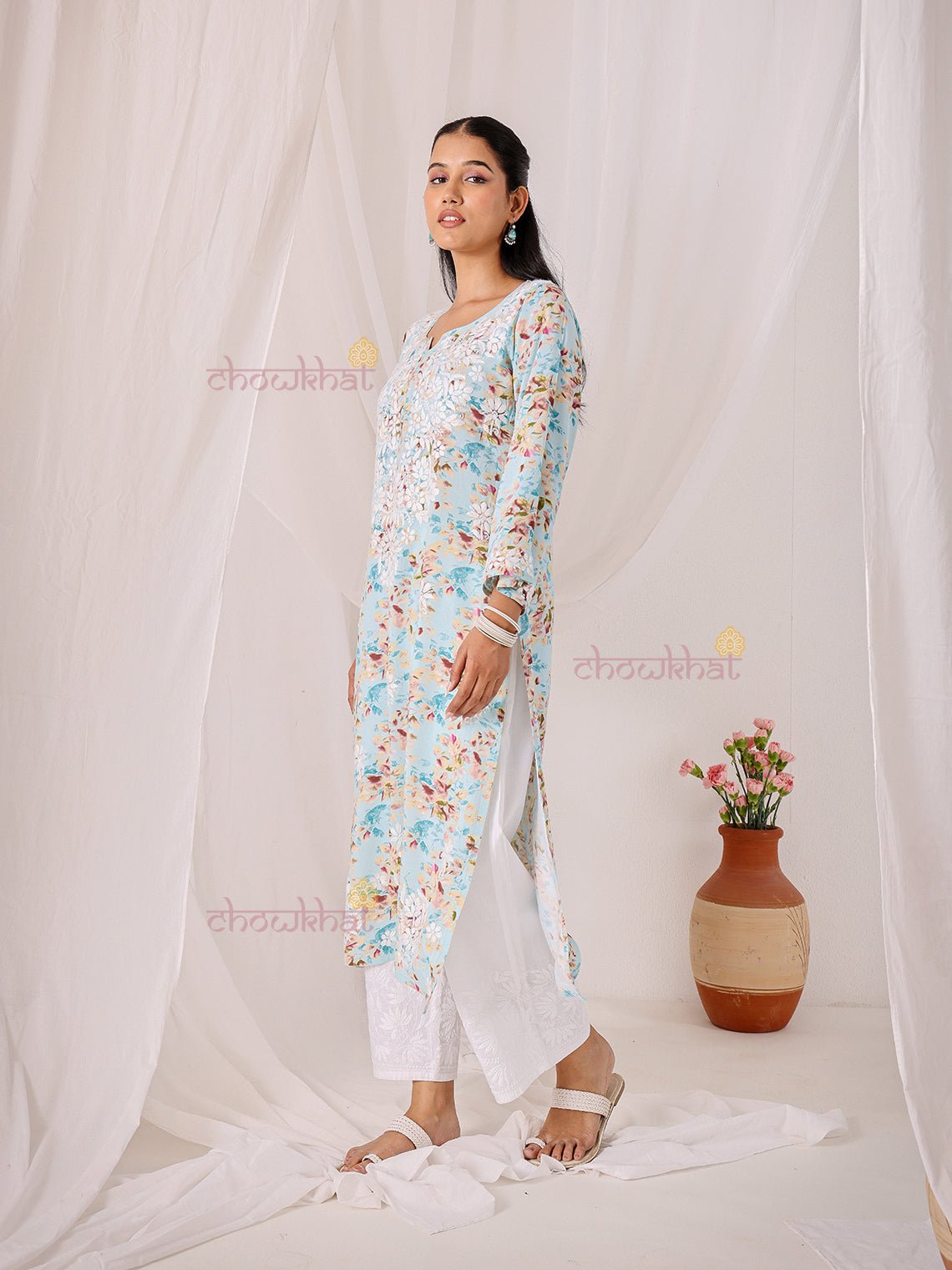 Ishani Rayon Printed Straight Chikankari Kurti - Chowkhat Lifestyle