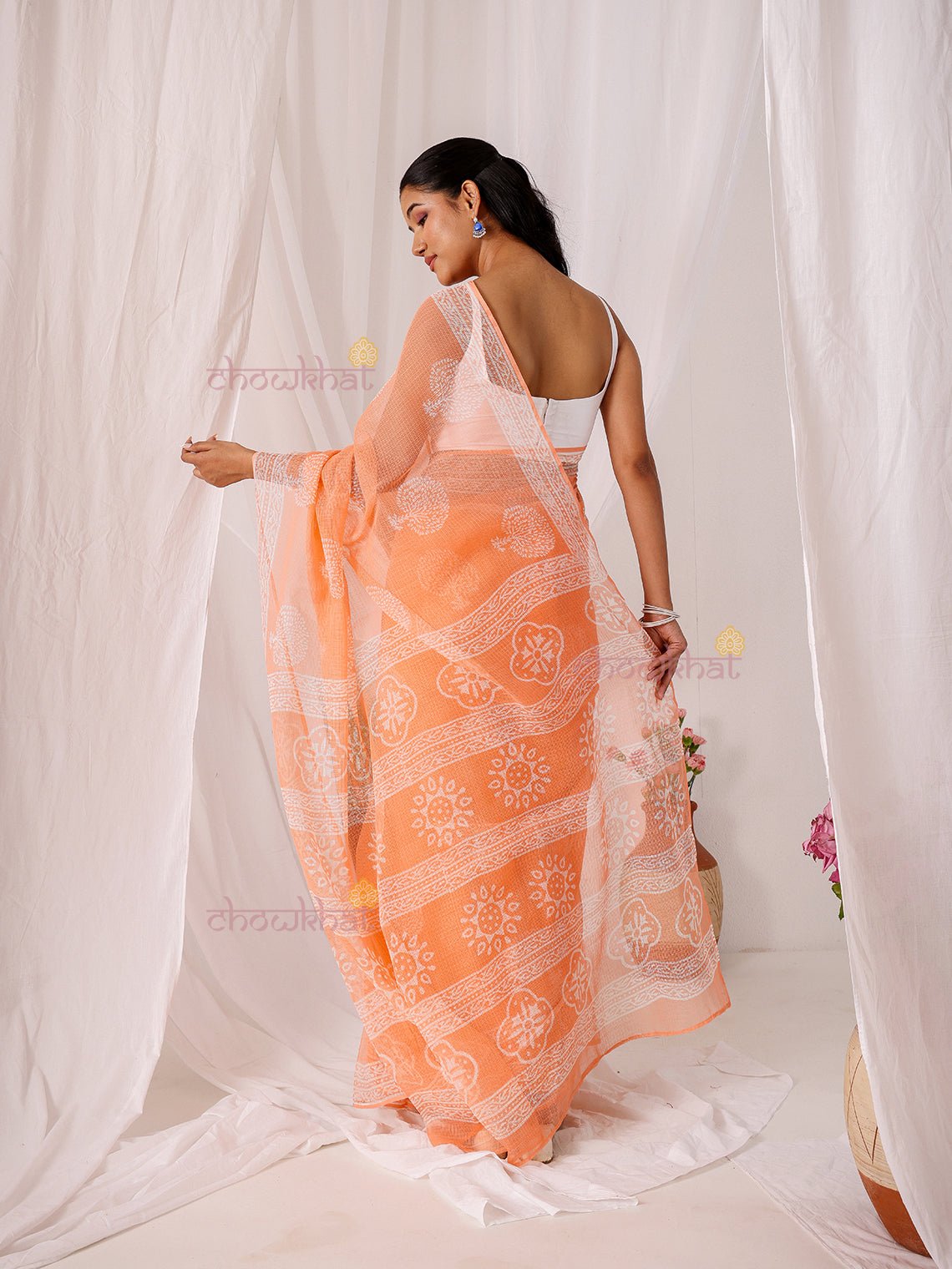 Bindu Pre - Draped Hand Block Kota Doria Saree - Chowkhat Lifestyle