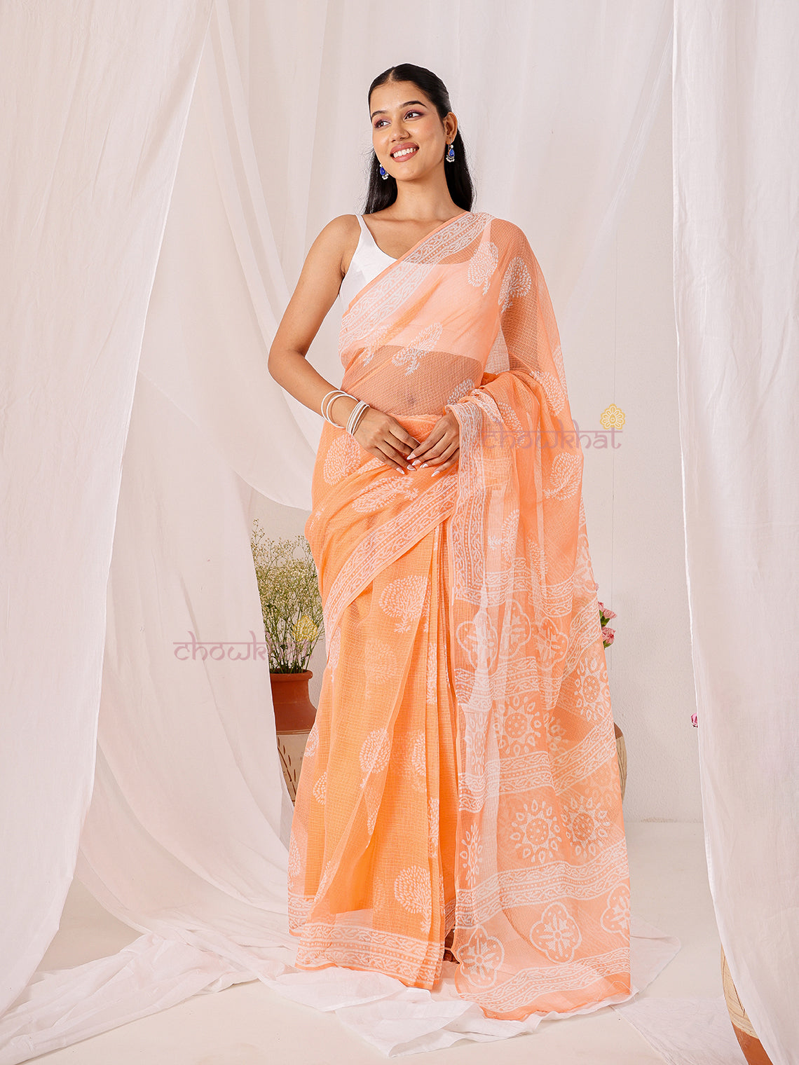 Bindu Pre- Draped Hand Block Kota Doria Saree