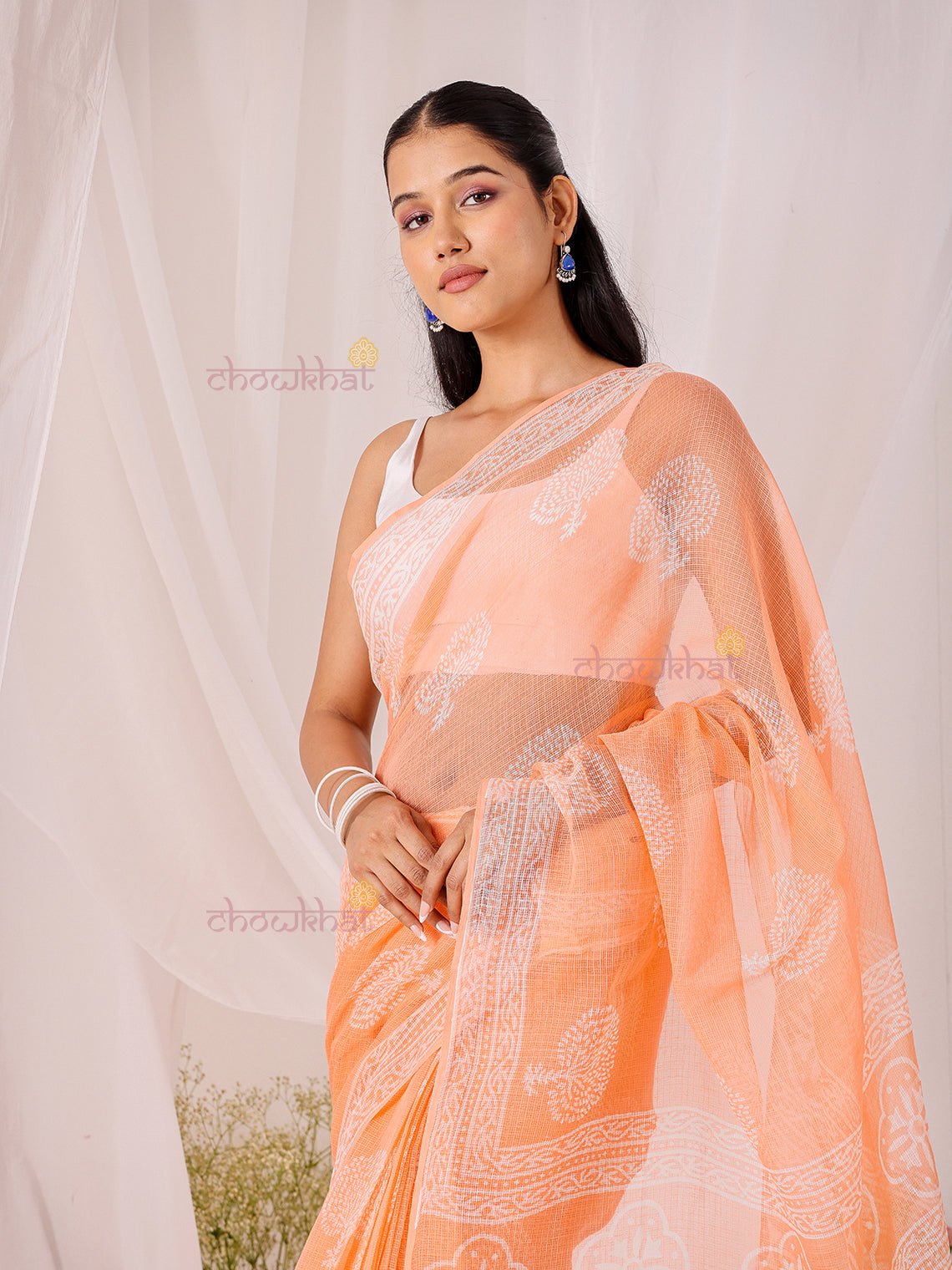 Bindu Pre - Draped Hand Block Kota Doria Saree - Chowkhat Lifestyle
