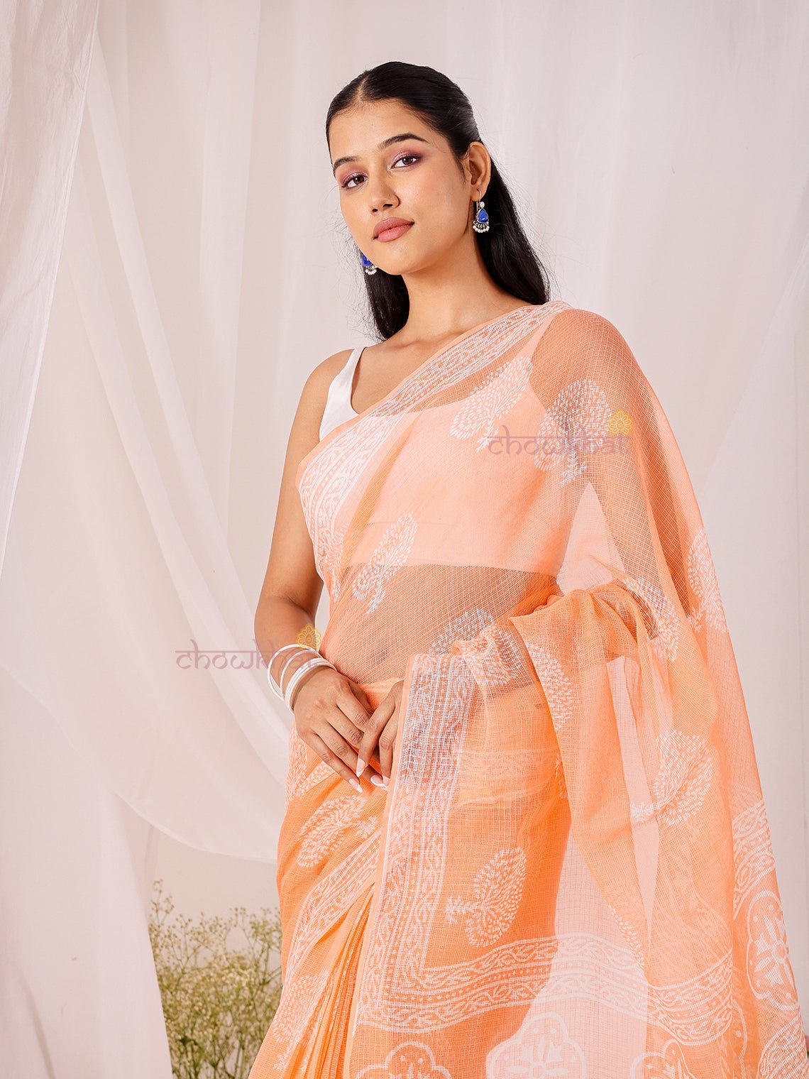 Bindu Pre - Draped Hand Block Kota Doria Saree - Chowkhat Lifestyle