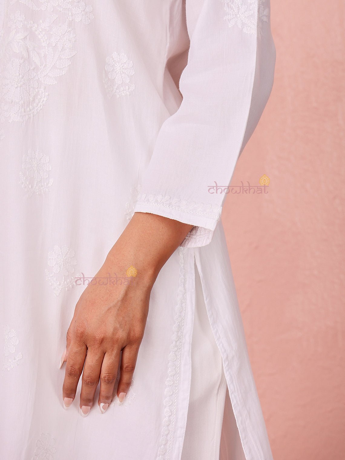 Chaand Cotton Satin Straight Long Chikankari Kurti with pocket - Chowkhat Lifestyle