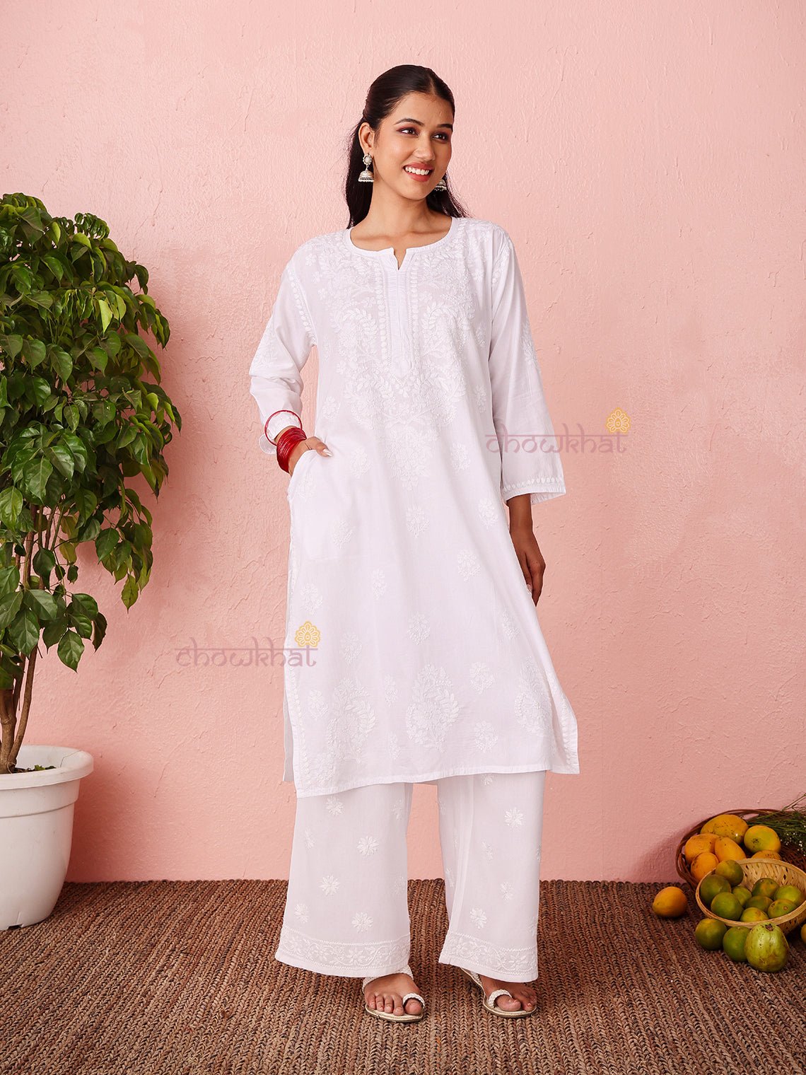 Chaand Cotton Satin Straight Long Chikankari Kurti with pocket - Chowkhat Lifestyle
