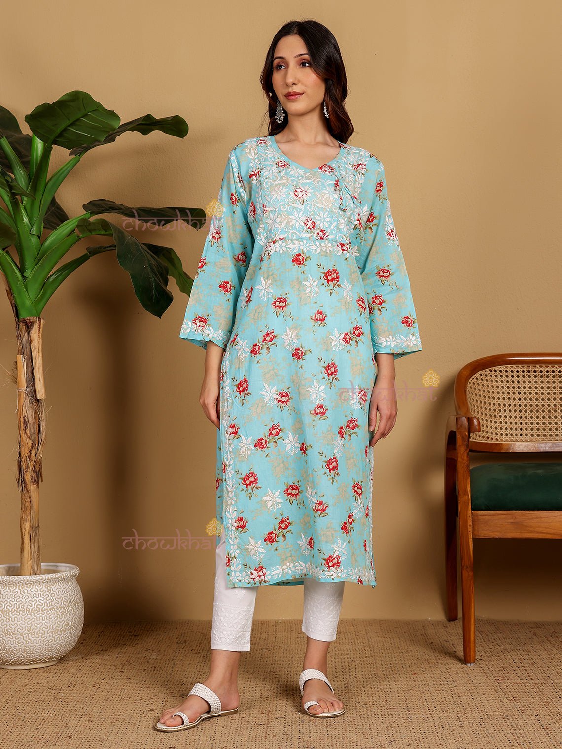 Mouni Mul Cotton Angrakha Hand Embroidered Chikankari Kurti - Chowkhat Lifestyle