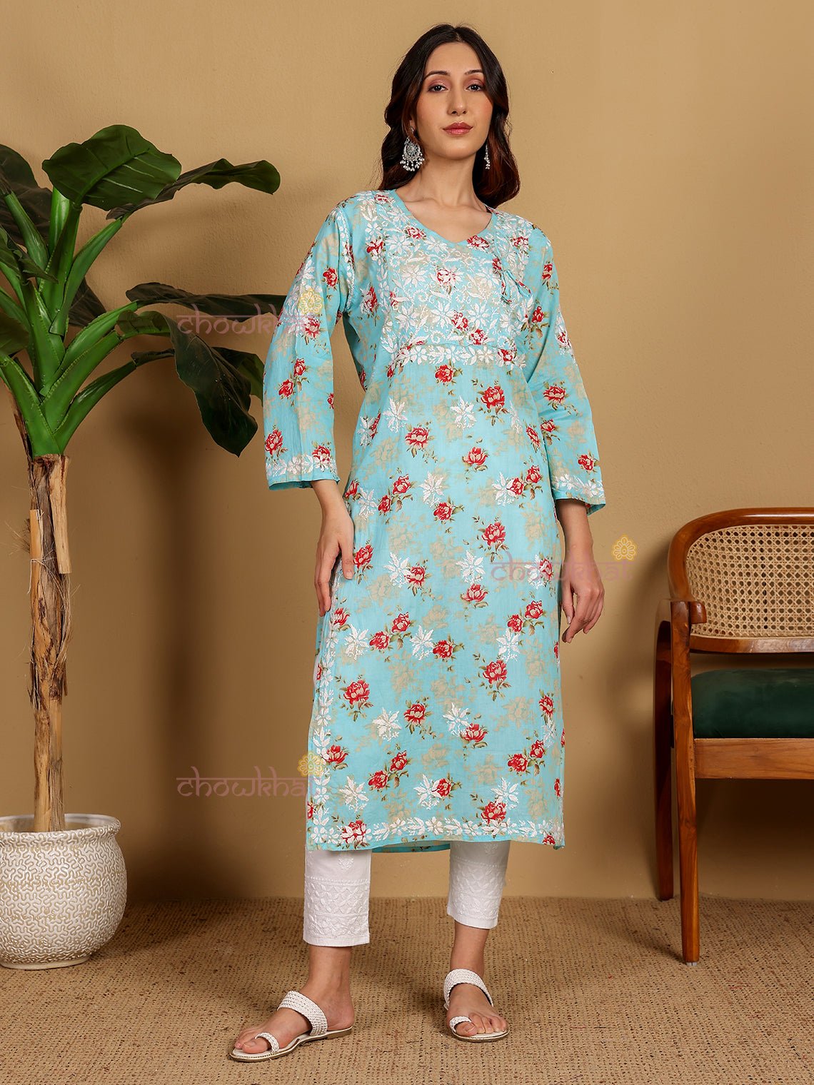 Mouni Mul Cotton Angrakha Hand Embroidered Chikankari Kurti - Chowkhat Lifestyle