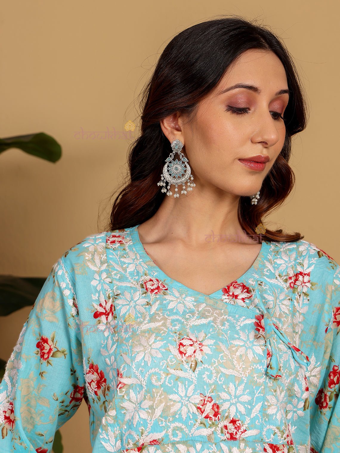 Mouni Mul Cotton Angrakha Hand Embroidered Chikankari Kurti - Chowkhat Lifestyle