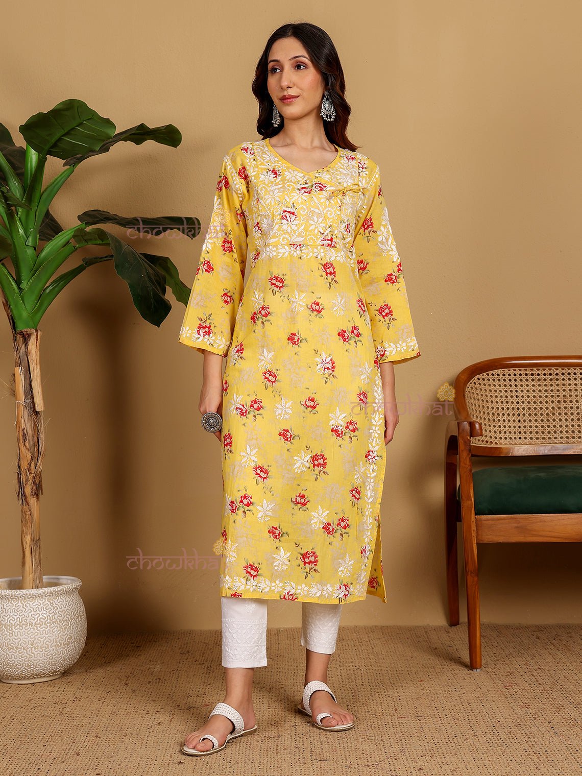 Mouni Mul Cotton Angrakha Hand Embroidered Chikankari Kurti - Chowkhat Lifestyle