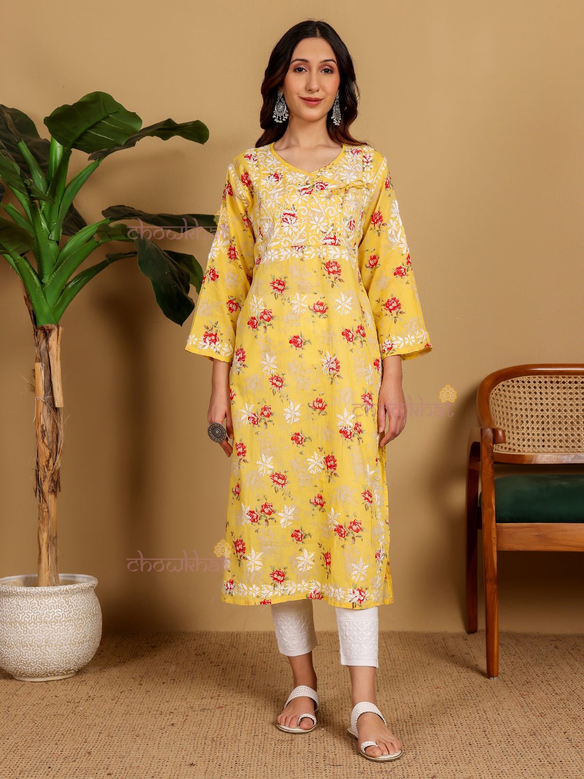 Mouni Mul Cotton Angrakha Hand Embroidered Chikankari Kurti - Chowkhat Lifestyle