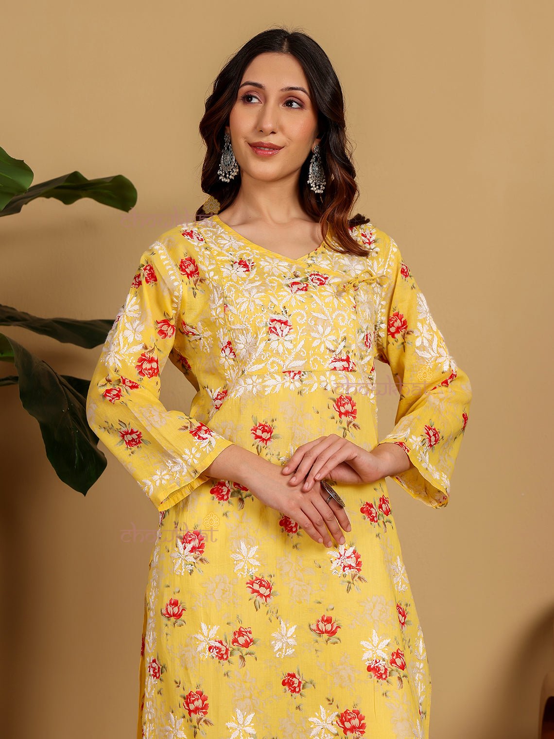 Mouni Mul Cotton Angrakha Hand Embroidered Chikankari Kurti - Chowkhat Lifestyle