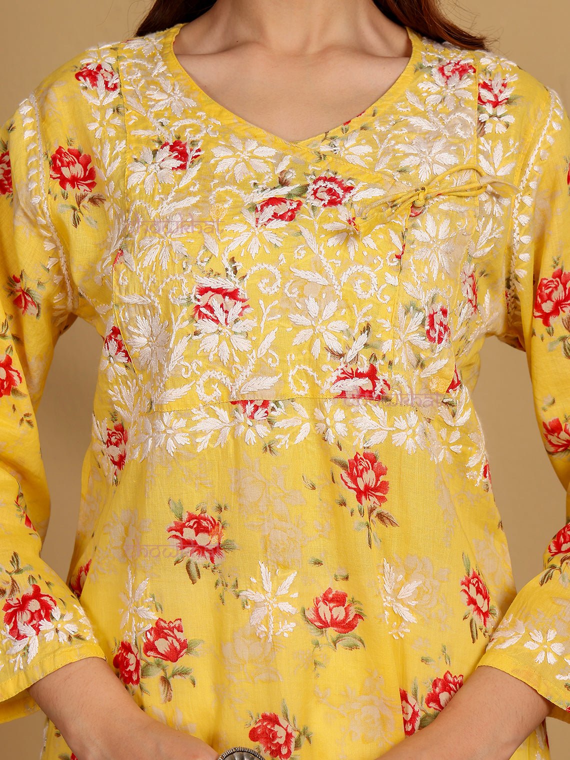 Mouni Mul Cotton Angrakha Hand Embroidered Chikankari Kurti - Chowkhat Lifestyle