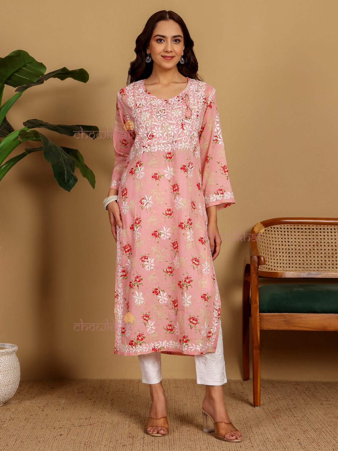 Mouni Mul Cotton Angrakha Hand Embroidered Chikankari Kurti - Chowkhat Lifestyle