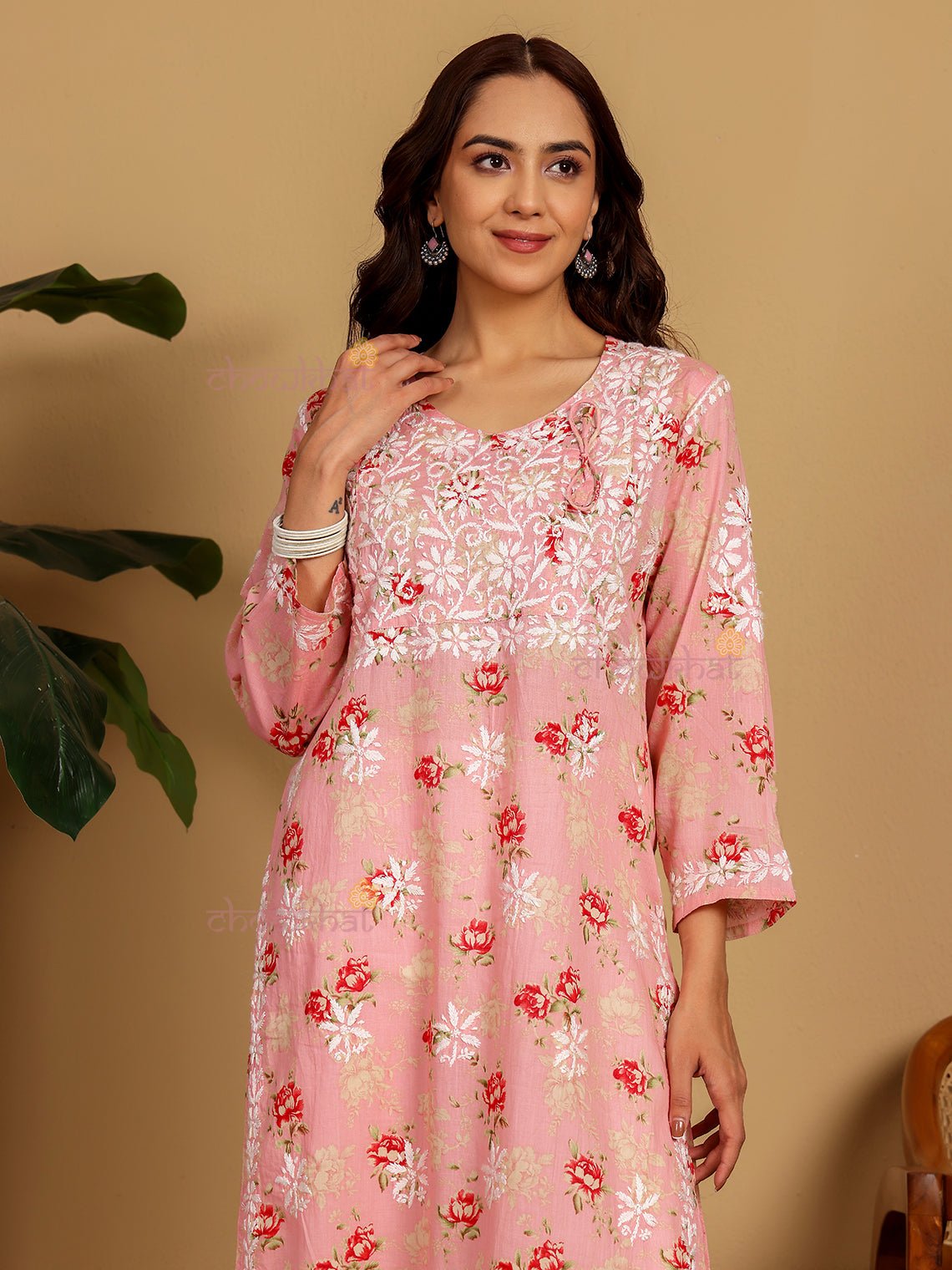 Mouni Mul Cotton Angrakha Hand Embroidered Chikankari Kurti - Chowkhat Lifestyle