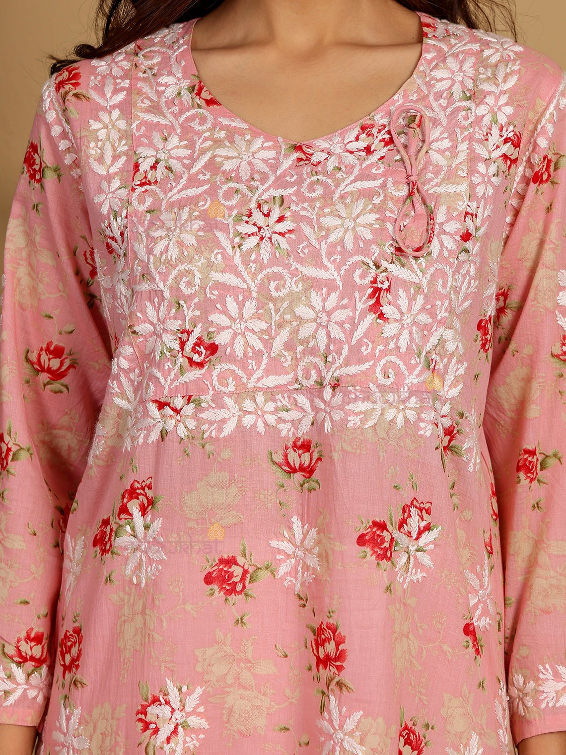 Mouni Mul Cotton Angrakha Hand Embroidered Chikankari Kurti - Chowkhat Lifestyle