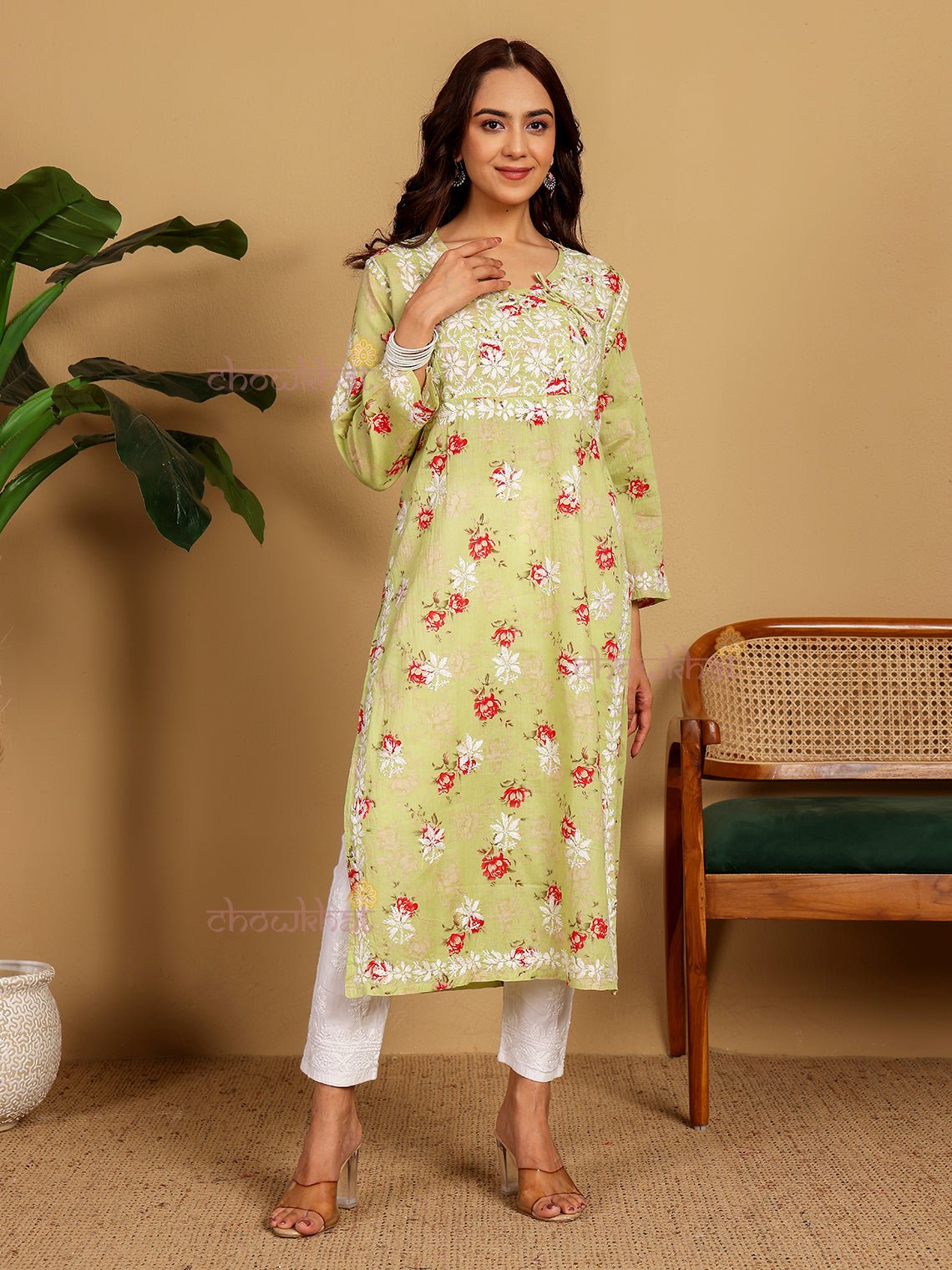 Mouni Mul Cotton Angrakha Hand Embroidered Chikankari Kurti - Chowkhat Lifestyle