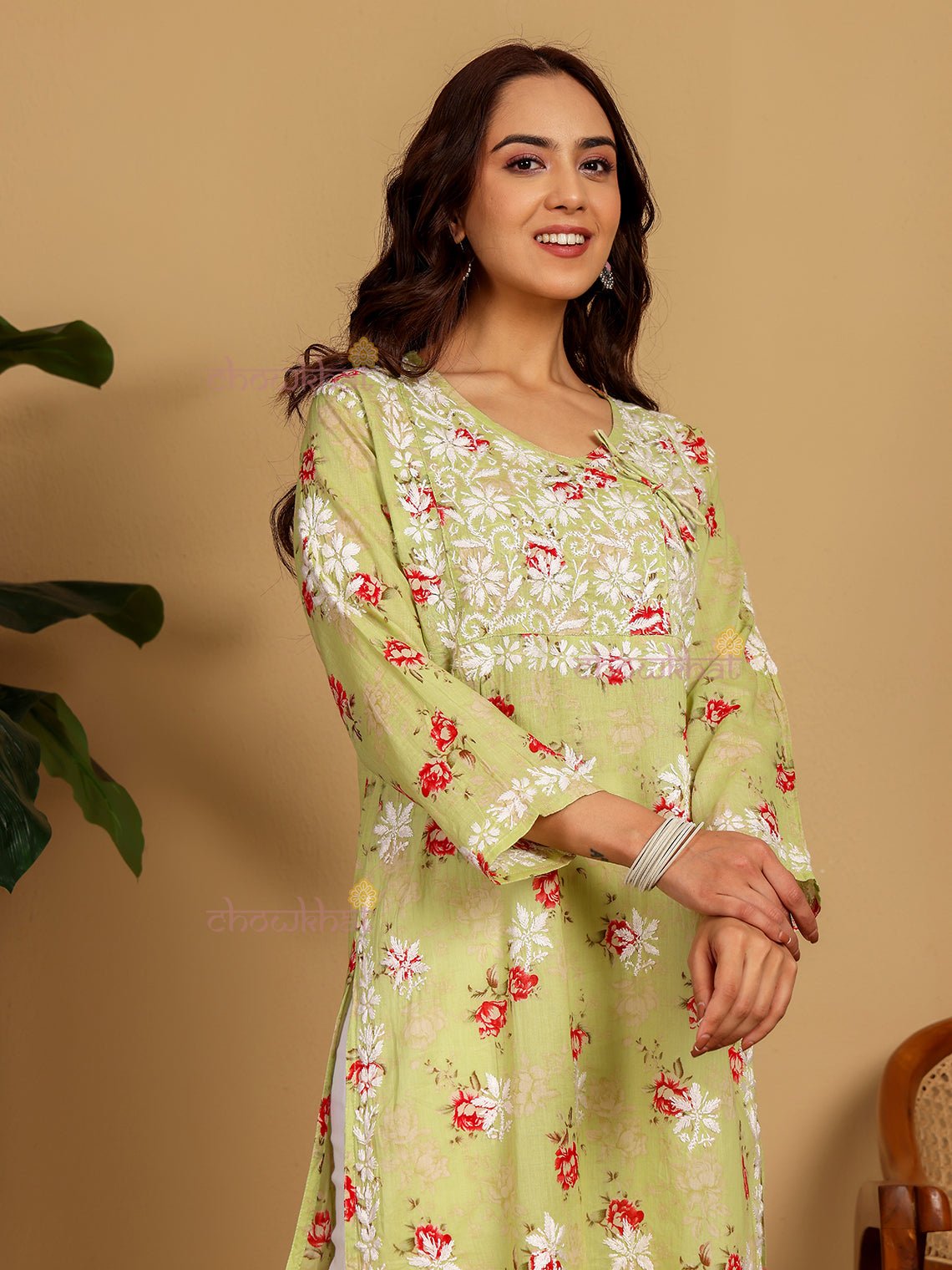 Mouni Mul Cotton Angrakha Hand Embroidered Chikankari Kurti - Chowkhat Lifestyle