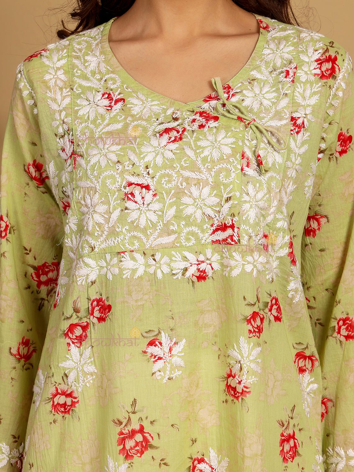 Mouni Mul Cotton Angrakha Hand Embroidered Chikankari Kurti - Chowkhat Lifestyle