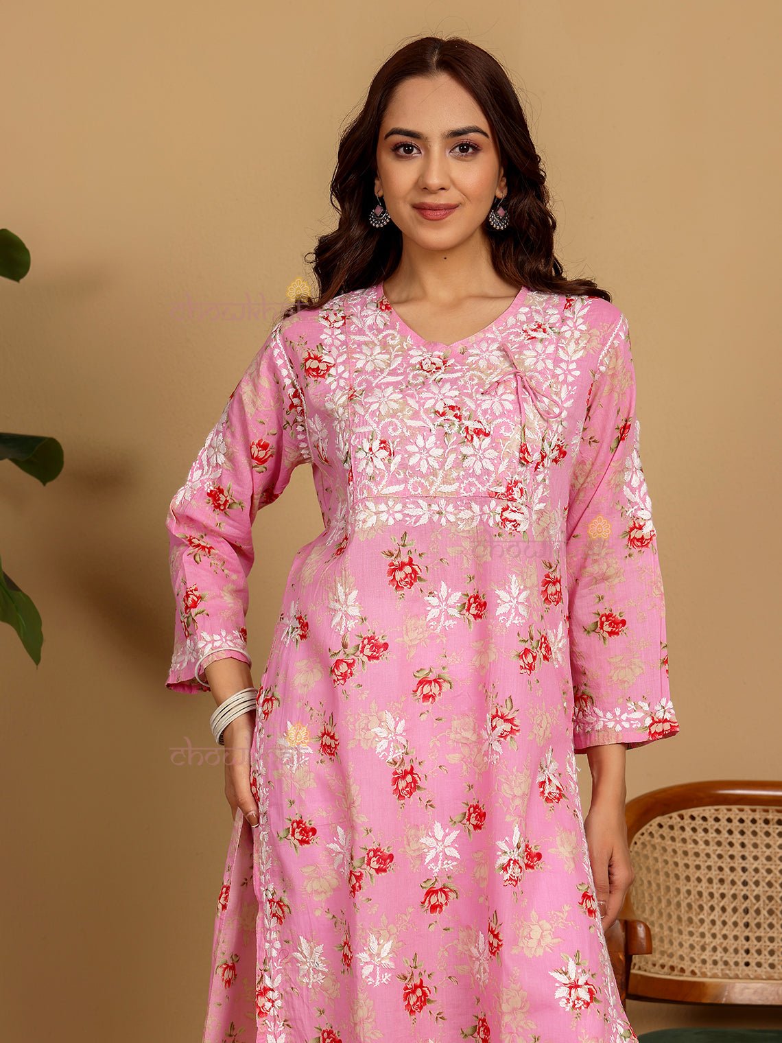 Mouni Mul Cotton Angrakha Hand Embroidered Chikankari Kurti - Chowkhat Lifestyle