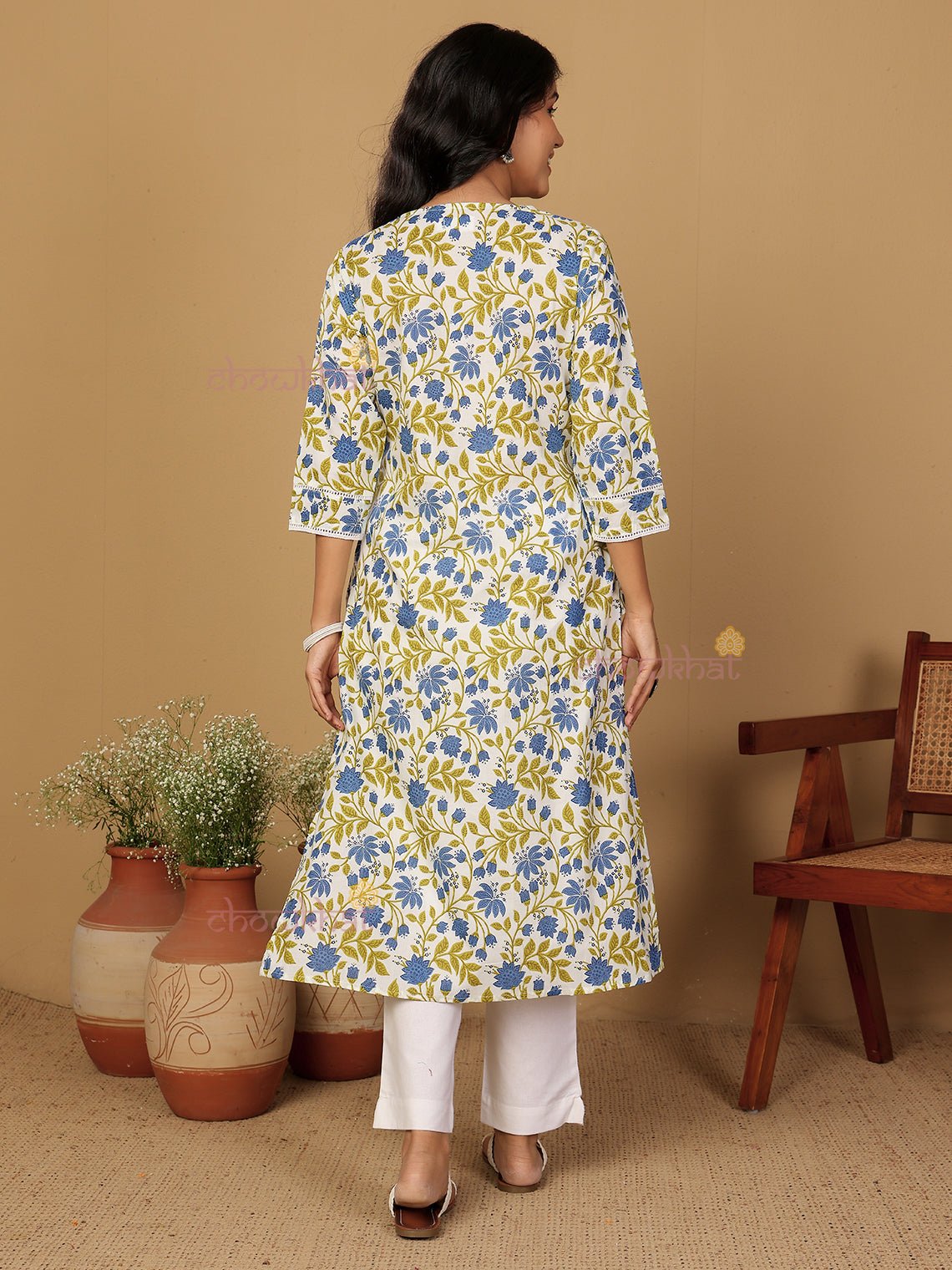 Adhira Hand Printed Cotton Kurti with Lace Detailing - Chowkhat Lifestyle
